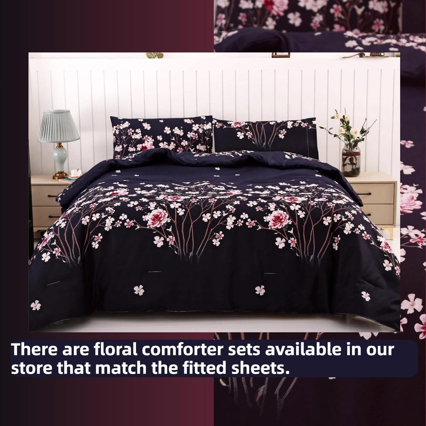 SDIII Navy Blue Floral Fitted Sheet Queen with 2 Pillowcase, Deep Pocket Soft Microfiber Dark Floral Sheet Queen Size All Season