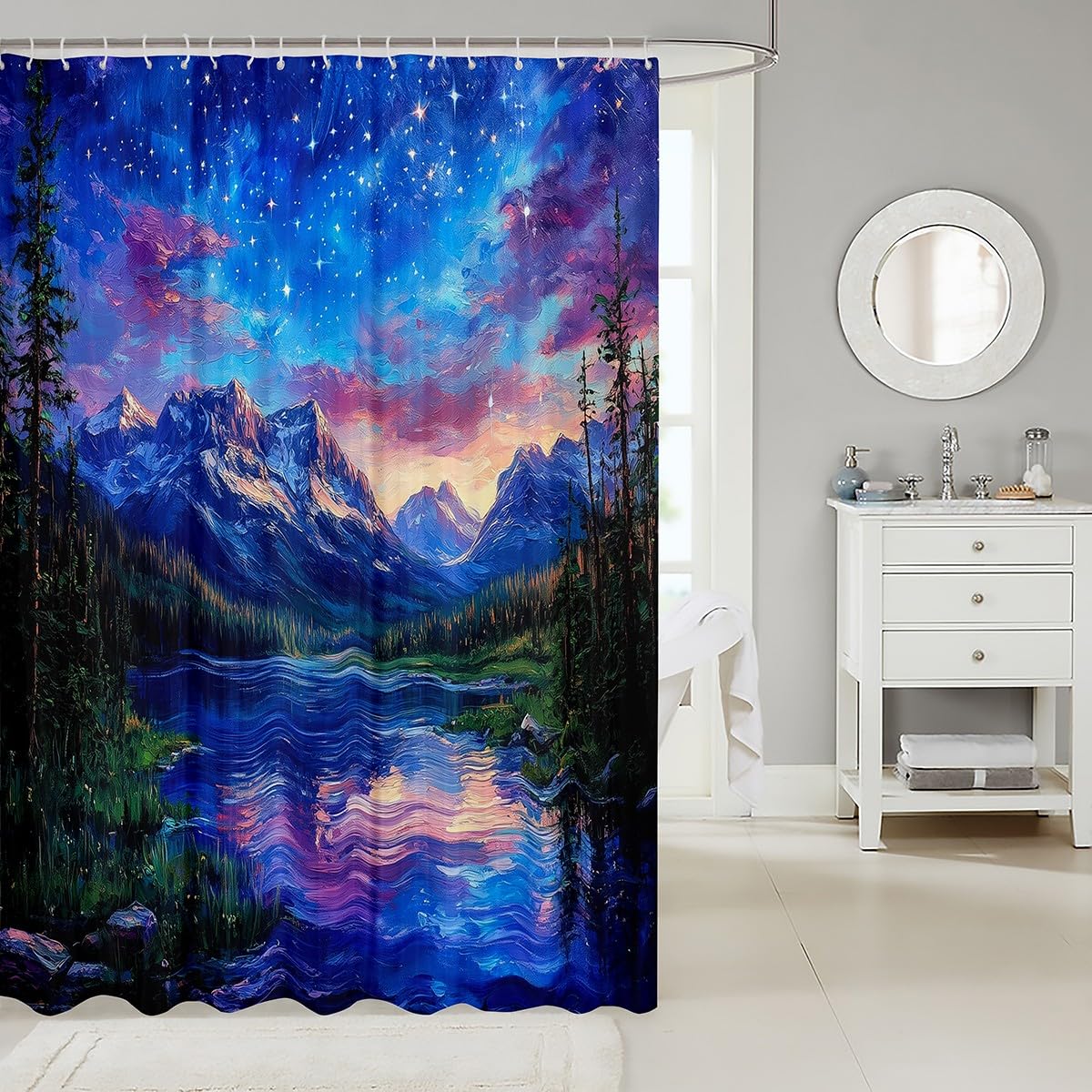 jejeloiu Mountain Lake Shower Curtain 72"x78" Dreamy Starry Night Sky Bath Curtain for Boys Girls Teens Nature Landscape Bathroom Shower Curtain Set Waterproof Galaxy Kids Bathroom Accessories