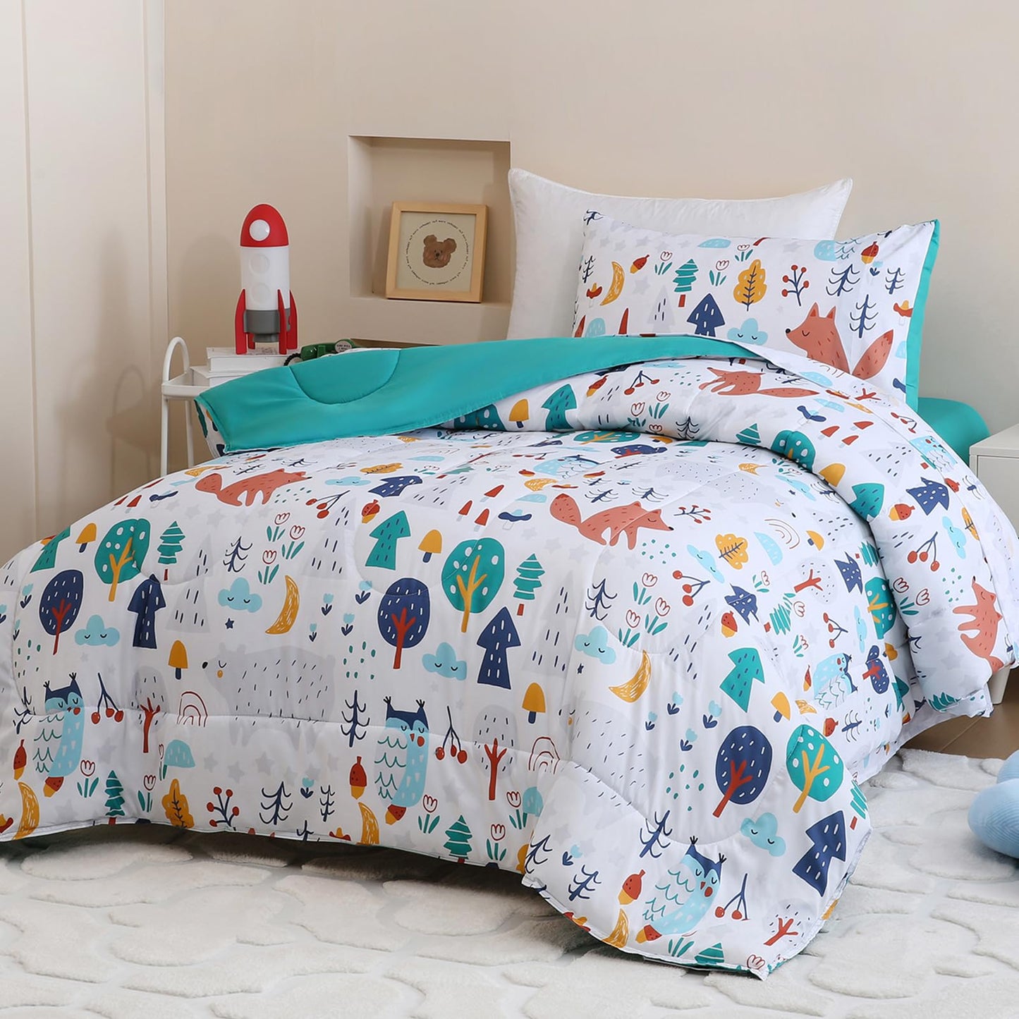 Homilay Toddler Size Cute Fox Comforter Set for Kids, Toddler, Boys&Girls, 4 Pieces Bed-in-a-Bag Bedding Set, All Season Ultra Soft Oeko TEX Sheets Set with Comforter, (Forest)
