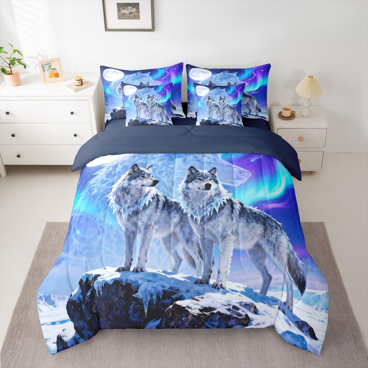 Feelyou Wolf Comforter Set with Sheets 7 Piece Queen Size Wolves Howling Bed in a Bag Kids Boys Girls Western Farmhouse Bedding Set Wild Animal Bedroom Decor Breathable Soft Microfiber