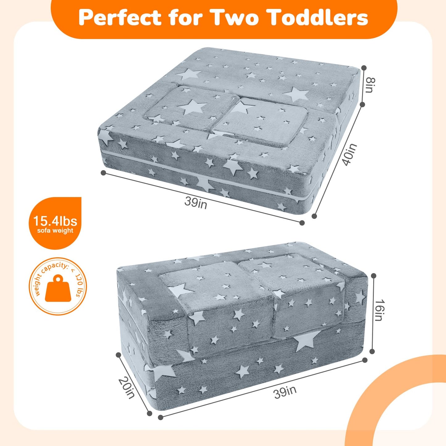 MeMoreCool Modular Kids Play Couch Sofa – Glow-in-the-Dark Star Design, Fold-Out Toddler Couch for Playroom Furniture, Grey