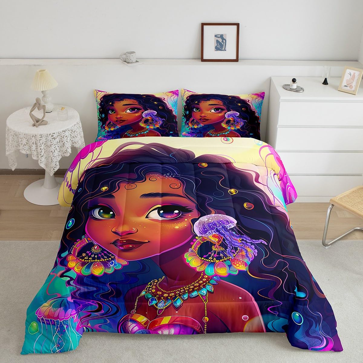 Erosebridal Black Girls Bedding Set Afro Girl Twin Comforter Set for Girls,American African Princess Magical Quilt for Toddler Kids Teenager,Ocean Jellyfish Kawaii Room Decor