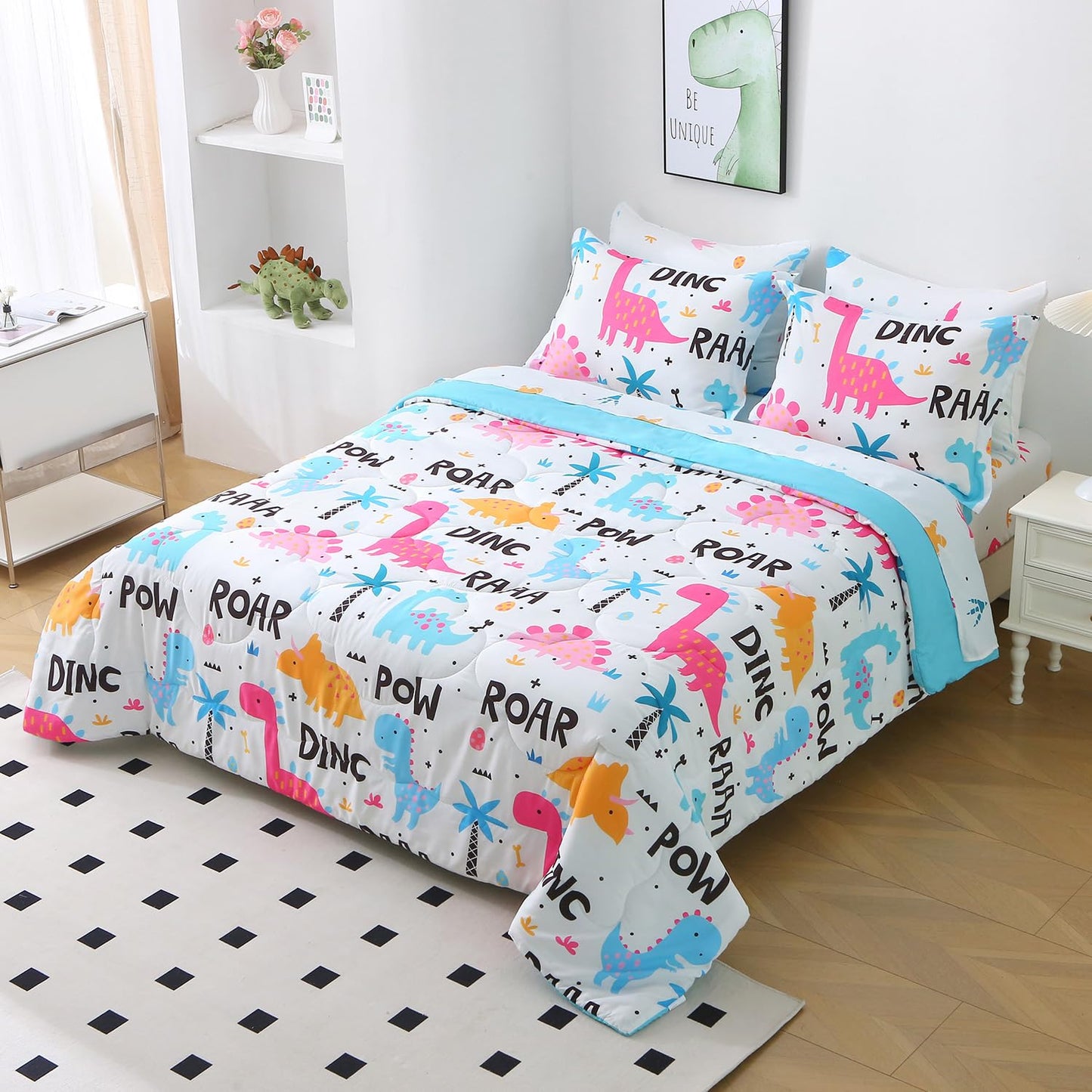 Wajade 7 Piece Kid Girls Dinosaur Comforter Set Queen Size 3D Pink Dinosaur Wild Park Jungle Print Bedding Set with Comforter, Sheet Set, Pillowcase and Sham