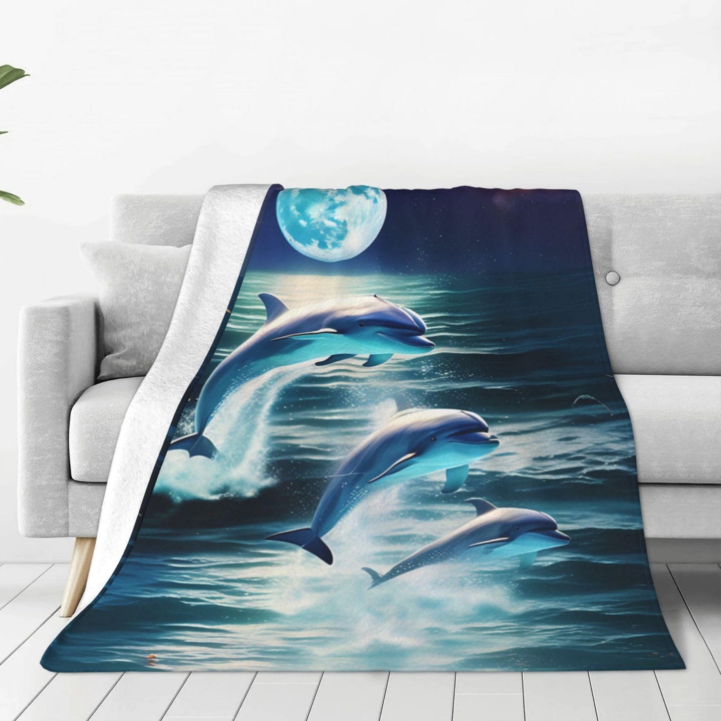 Zeleda Dolphin Blanket for Kids Women Adults Dolphin Blanket Gifts 60" x 50" Flannel Dolphin Moon Ocean Throw Blanket for Bed Living Room Sofa Couch Soft Warm Lightweight Cozy Dolphin Decor