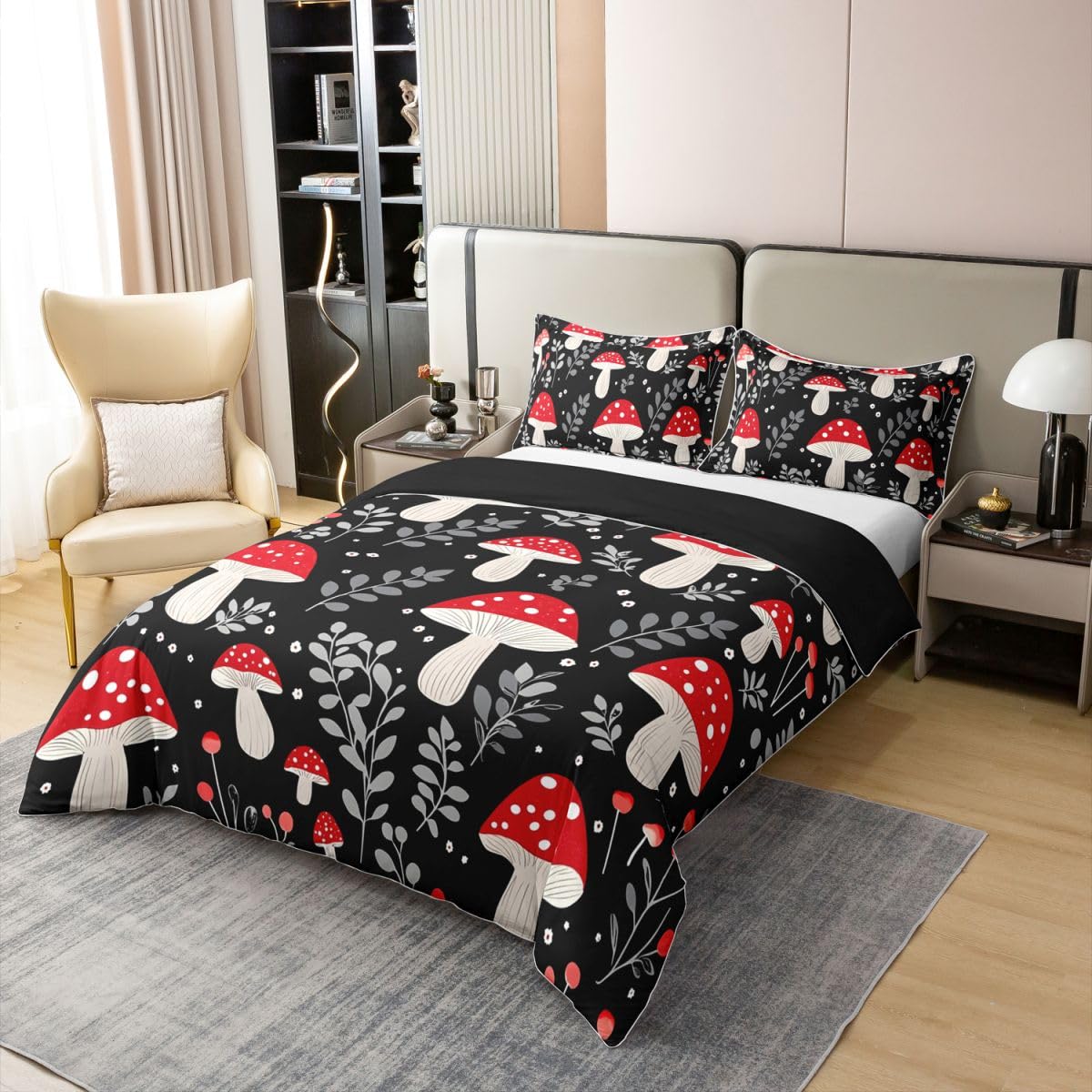 100% Cotton Cute Mushroom Duvet Cover Queen, Cartoon Botanical Plants Bedding Set for Kids Girls Boys, Kawaii Black Red Comforter Cover, Mushrooms Natural Wild Fungus Bedroom Decor Quilt Cover