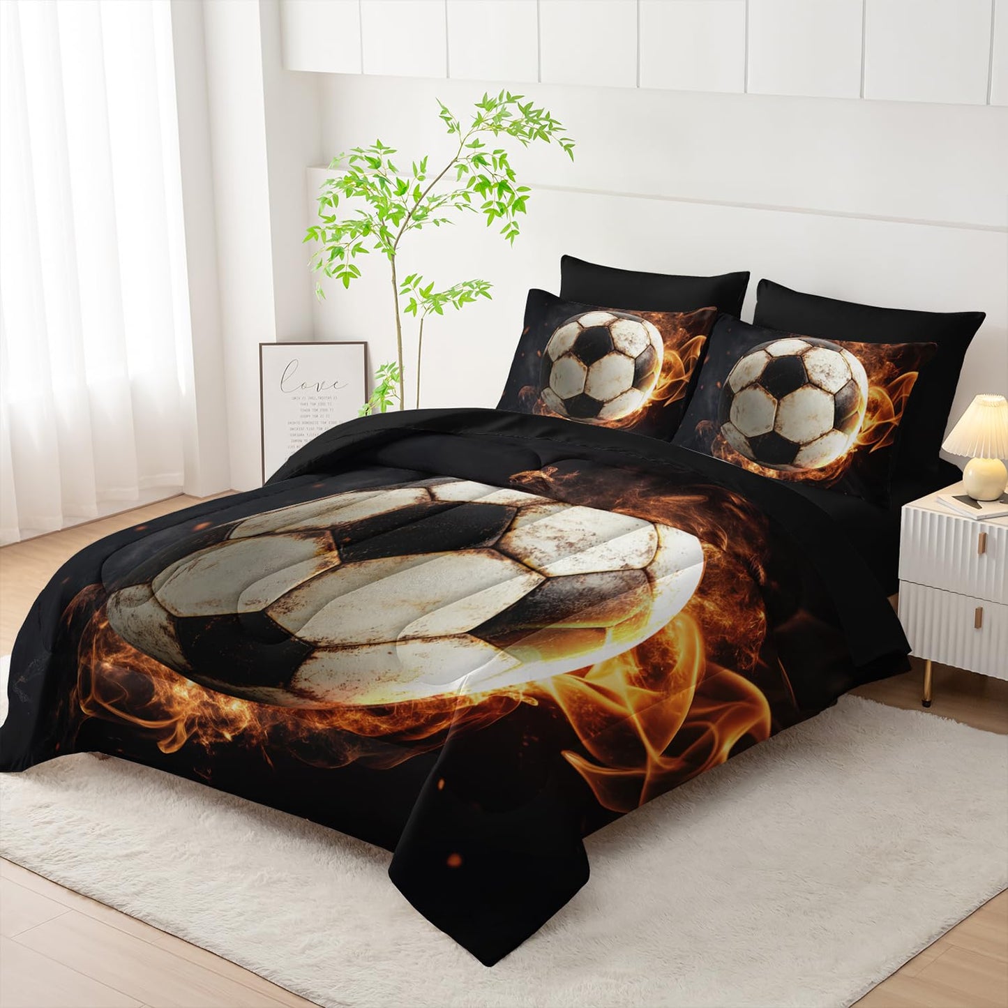 XYNHML Soccer Print Comforter 7Pcs Gaming Sport Flame Soccer Bedding Set for Kid Teen Girl Boy Adult Sports White Black Football Quilt Bed Set Twin with 2 Sheets,2 Pillowcases,2 Throw Pillow Covers