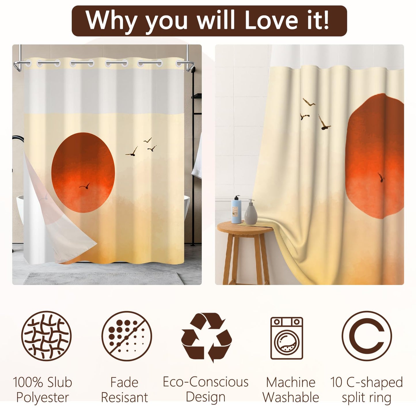 NAEMBCU No Hook Shower Curtain with Snap-in Liner, Sunset Silhouette Black Birds Design with Mesh Top Window, Waterproof Double Layer Nature Bathroom Decor, 71 x 74 Inch