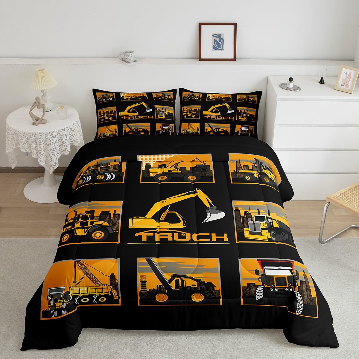 Erosebridal Excavator Comforter Set Queen Tractor Truck Bedding Set Construction Vehicle Down Comforter for Boys Kids Girls Teens Cartoon Heavy Machinery Car Bedding Sets & Collections, Gray Yellow