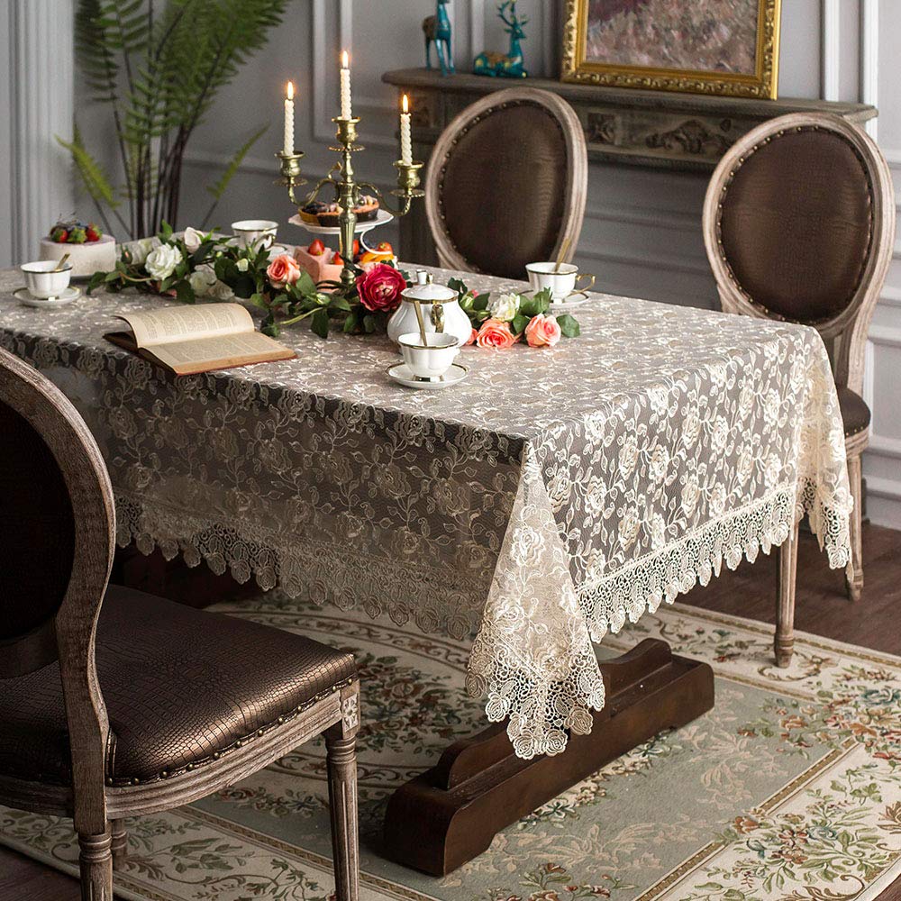 ARTABLE Rectangular Table Cloth Lace Macrame Vintage Tablecloth Shabby Chic Embroidered Oblong Table Cover for Wedding Banquet Holiday Long Dinner Tables (Golden, 59" x 104")