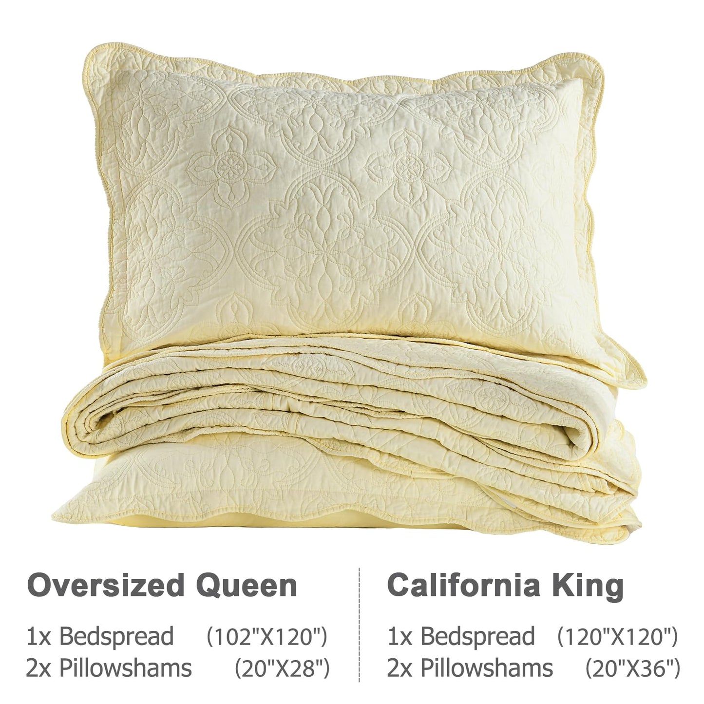 Finlonte Oversized Queen Bedspread 120"x102" - 100% Cotton Floral Embroidery Quilted Bedspread, Solid Cream Bedspread Coverlet Set, Lightweight Soft Extra Large Queen Quilt with 2 Pillowshams