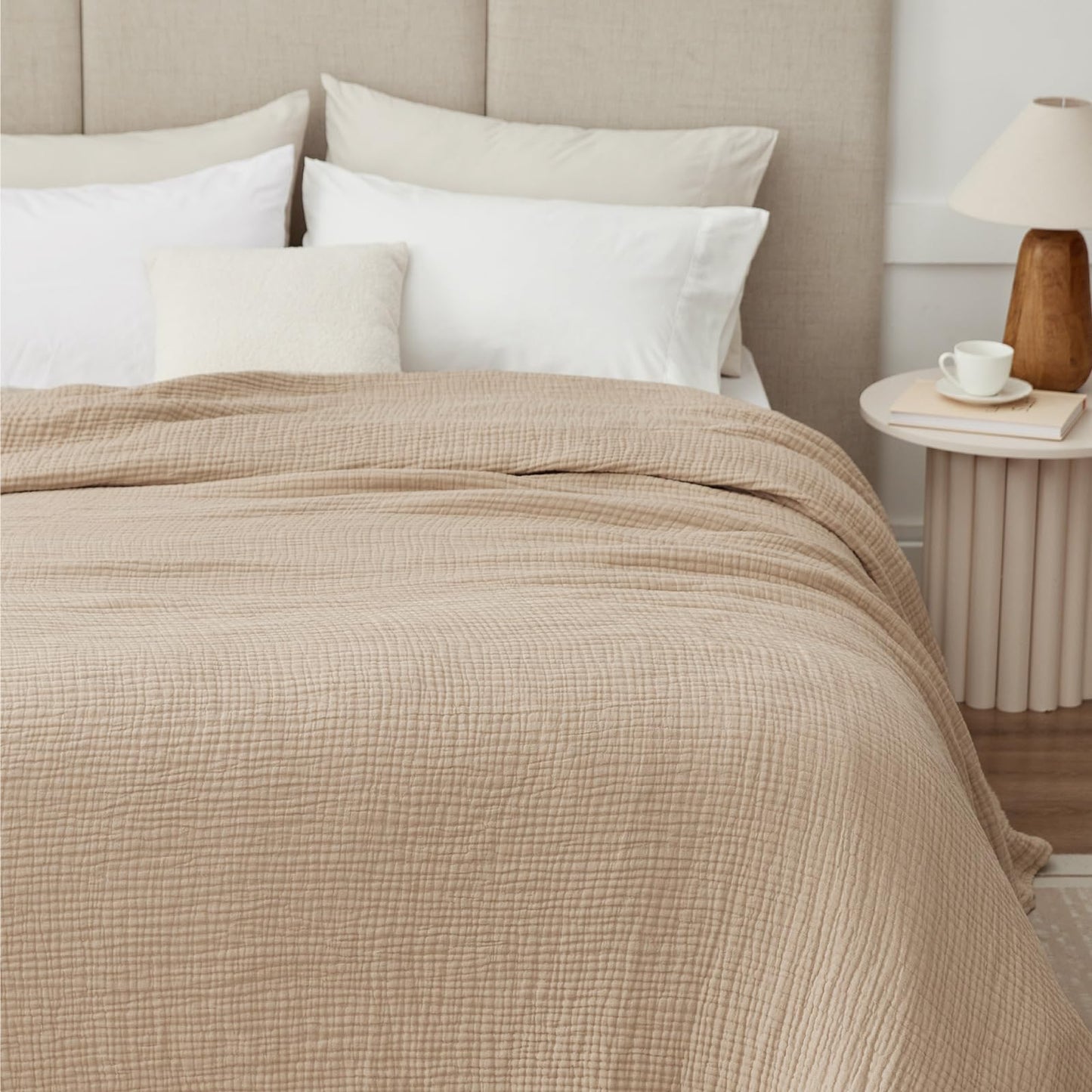 6 Layers Cotton Muslin Blankets Large, Lightweight Cotton Throw, Cooling Soft Throw Blanket for Year-Round Comfort, Breathable Quilt Bedspread, Gauze Weave Bedding for Adults, Oatmeal, Beige Linen
