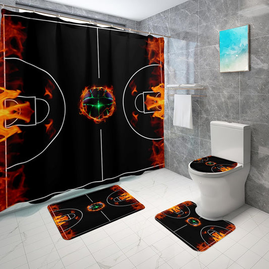 JPSBJWJ 4 Pcs Basketball Court Bathroom Set - Black Basketball Shower Curtain Sets Cartoon Sports Shower Curtain with Rug,Toilet Cover,U Shaped Mat and 12 Hooks