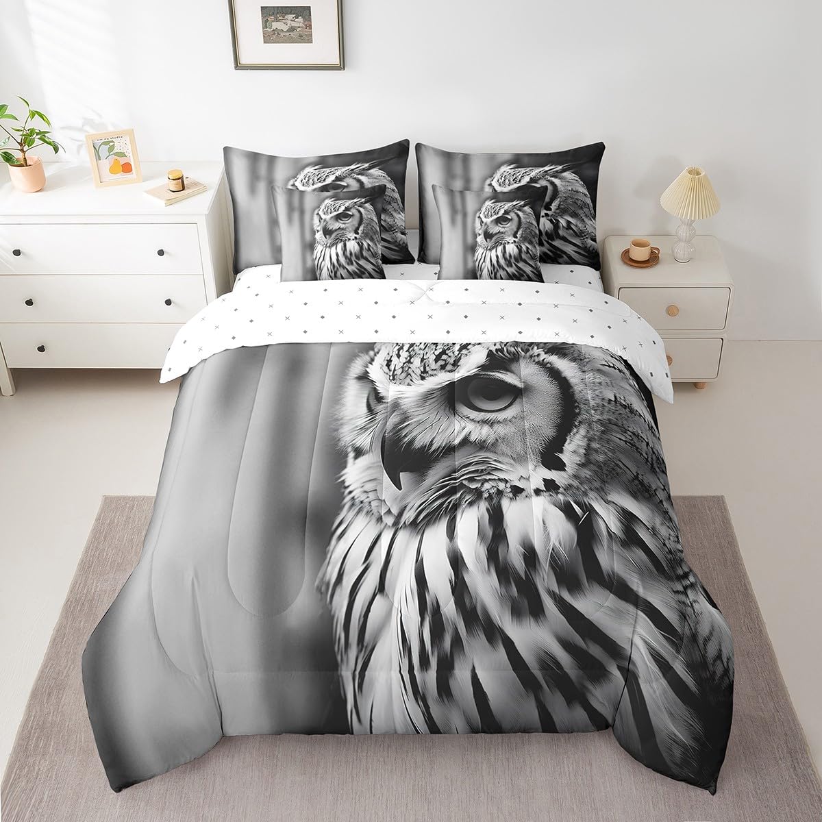 Erosebridal 7-Piece Owl Animal Comforter Set Queen Size, Owl Bed in a Bag Bedroom Comforter with Sheets (1 Comforter, 1 Flat Sheet 1 Fitted Sheet 2 Pillowcases and 2 Pillow Shams), Black Grey