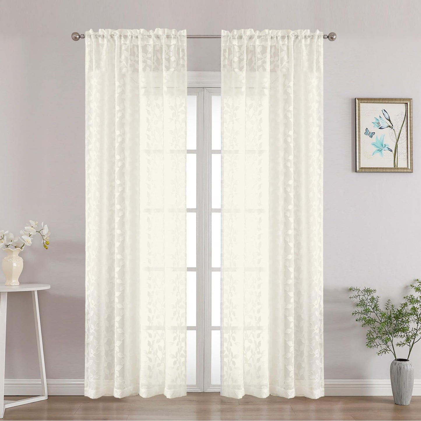 Chyhomenyc Ivory Sheer Curtains 84 Inch Length 2 Panels Set, Light Filtering Tufted Textured Soft Airy Rod Pocket Gentle Leaf Window Treatment Drapes for Bedroom Living Room, 42" Wx84 L, 2PCS