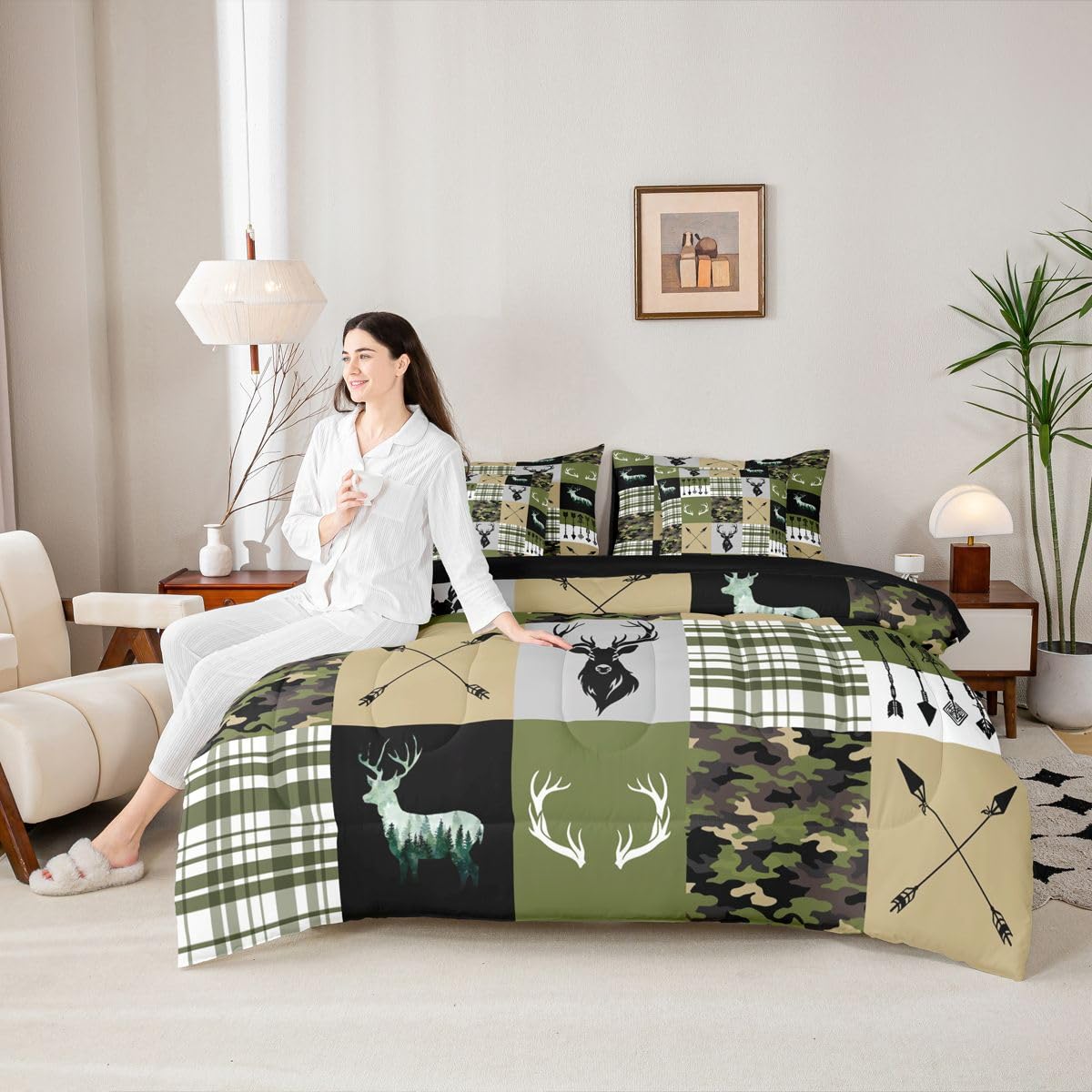 Feelyou Camo Comforter Set Twin Size 7 Pieces Deer Hunting Bedding Set for Kids Boys Girls Camouflage Bed in a Bag with Comforter, Sheets, Pillowcases, Cushion Covers Antlers Bedroom Decor Quilted
