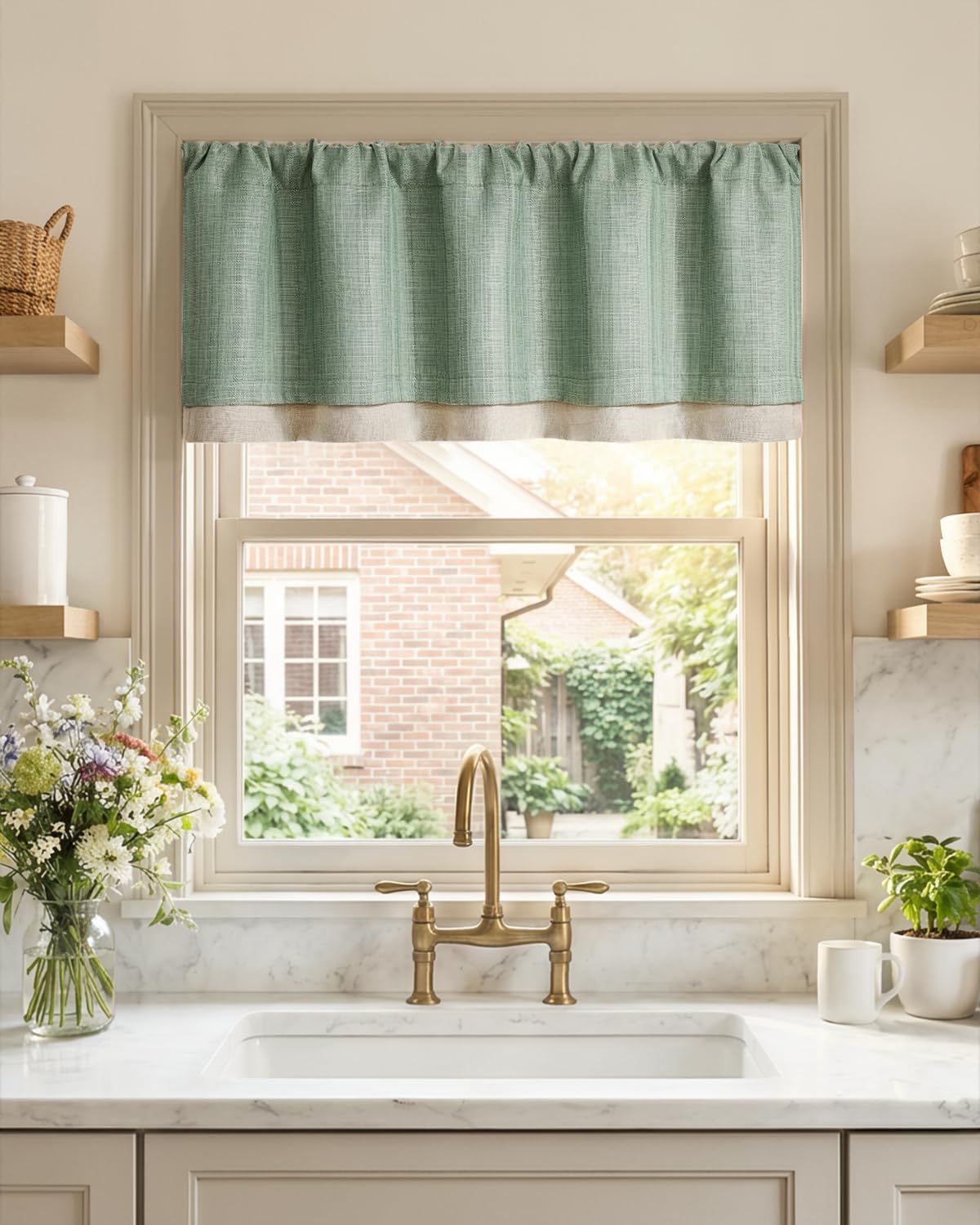jinchan Faux Linen Valance Kitchen Curtain Light Filter Double Layer 18in