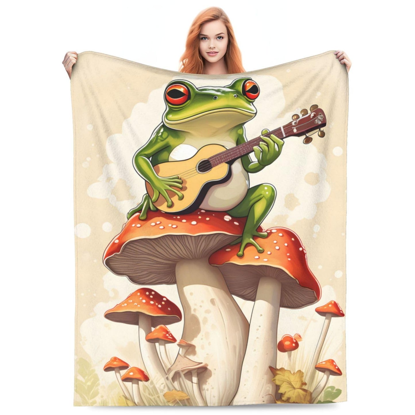 amepay Frog Mushroom Blanket Gifts for Kids Funny Frog Play Guitar Flannel Throw Blankets Soft Comfy Lightweight for Home Decor Couch Bed Sofa 60x50 Inches
