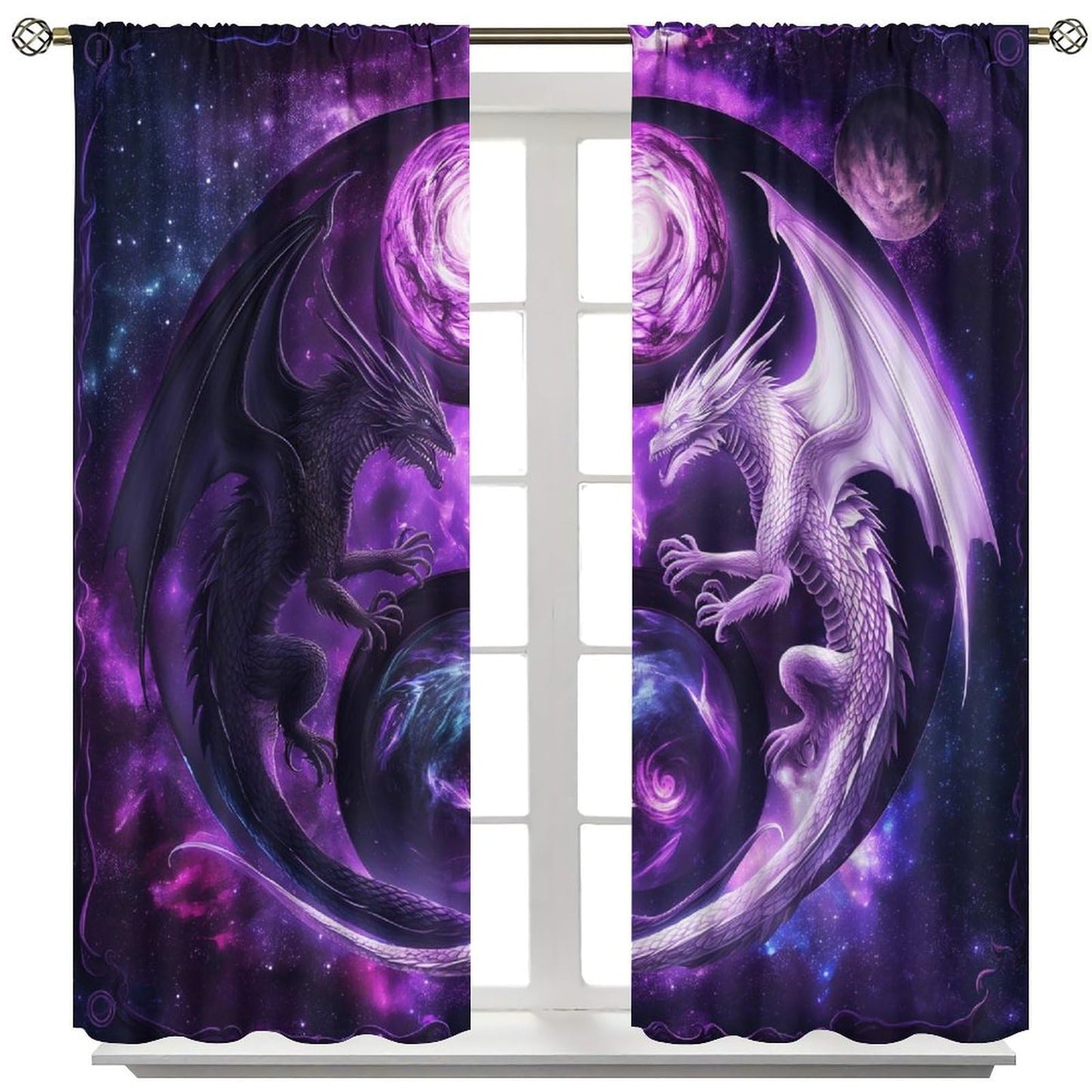 wlsgdsg Dragon Curtains for Boys,Mystery Fantasy Stars 3D Purple Yin Yang Black White Sky Wings Flying Dragon Window Drape Print for Kids Bedroom Living Room 42x45in (No Blackout)