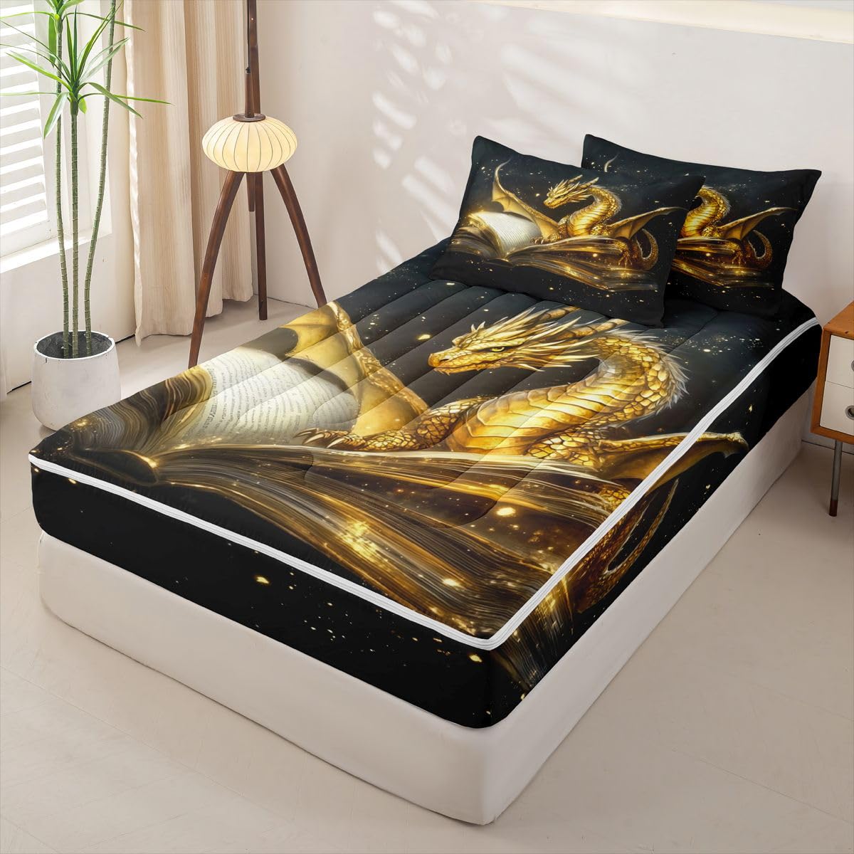 jejeloiu Gold Dragon Zipper Bedding for Kids Twin Size Ancient Wildlife Bed in a Bag with Sheets, Comforter, Pillowcases Flying Dragon Comforter Set for Boys Girls Fantasy Animal Beddingh Sets Durable