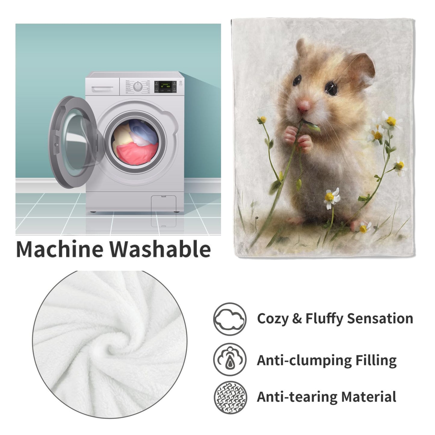 VANZEV Cute Hamster Blanket,Anime Floral Flannel Throw Blankets,Soft Warm Lightweight Cozy Plush Throws for Bedroom Sofa Home Decor Gifts for Pet Lovers Kids Boys Girls 50"x60"