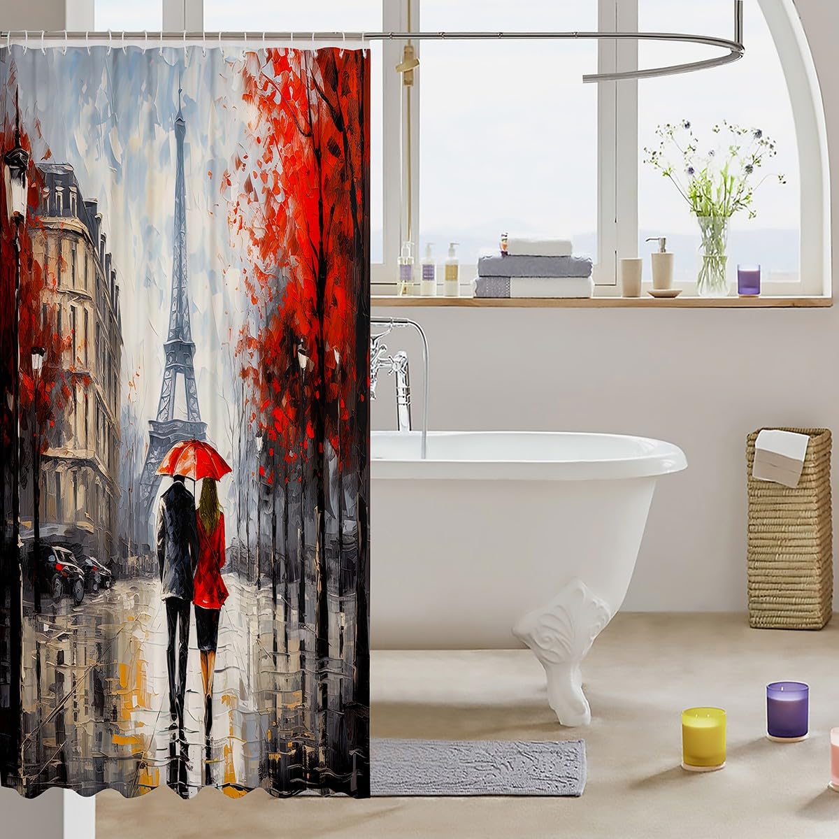 jejeloiu Eiffel Tower Shower Curtain 72"x78" Couple Romantic Paris Bathroom Shower Curtain Set for Girls Women Lover Valentine's Day Bath Curtain Red France Trip Bathroom Accessories