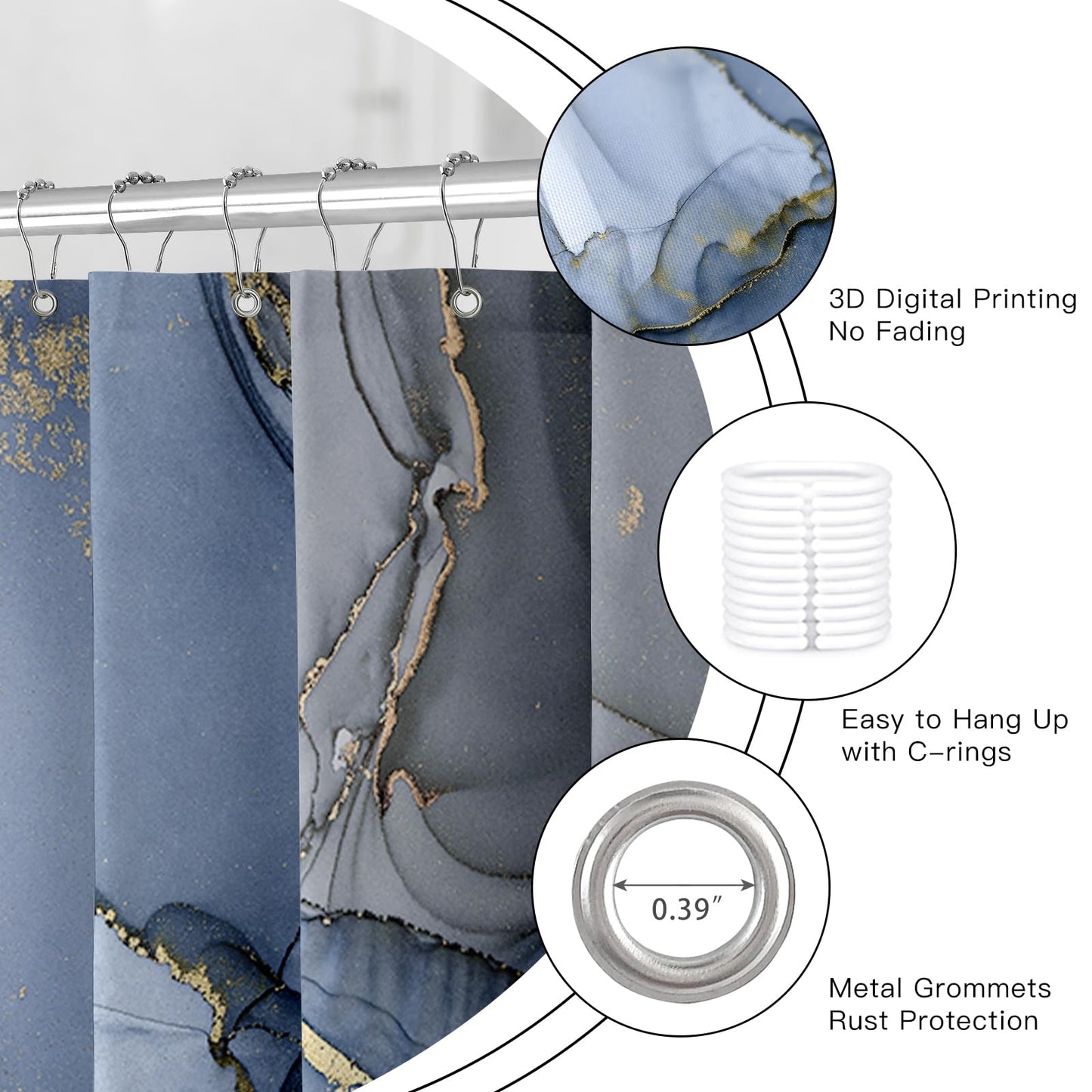 BayNook Navy Blue Marble Shower Curtain, Dark Blue Modern Abstract Fabric Shower Curtains for Bathroom, Luxury Art Ink Texture Watercolor Shower Curtain Set with Hooks 72x72