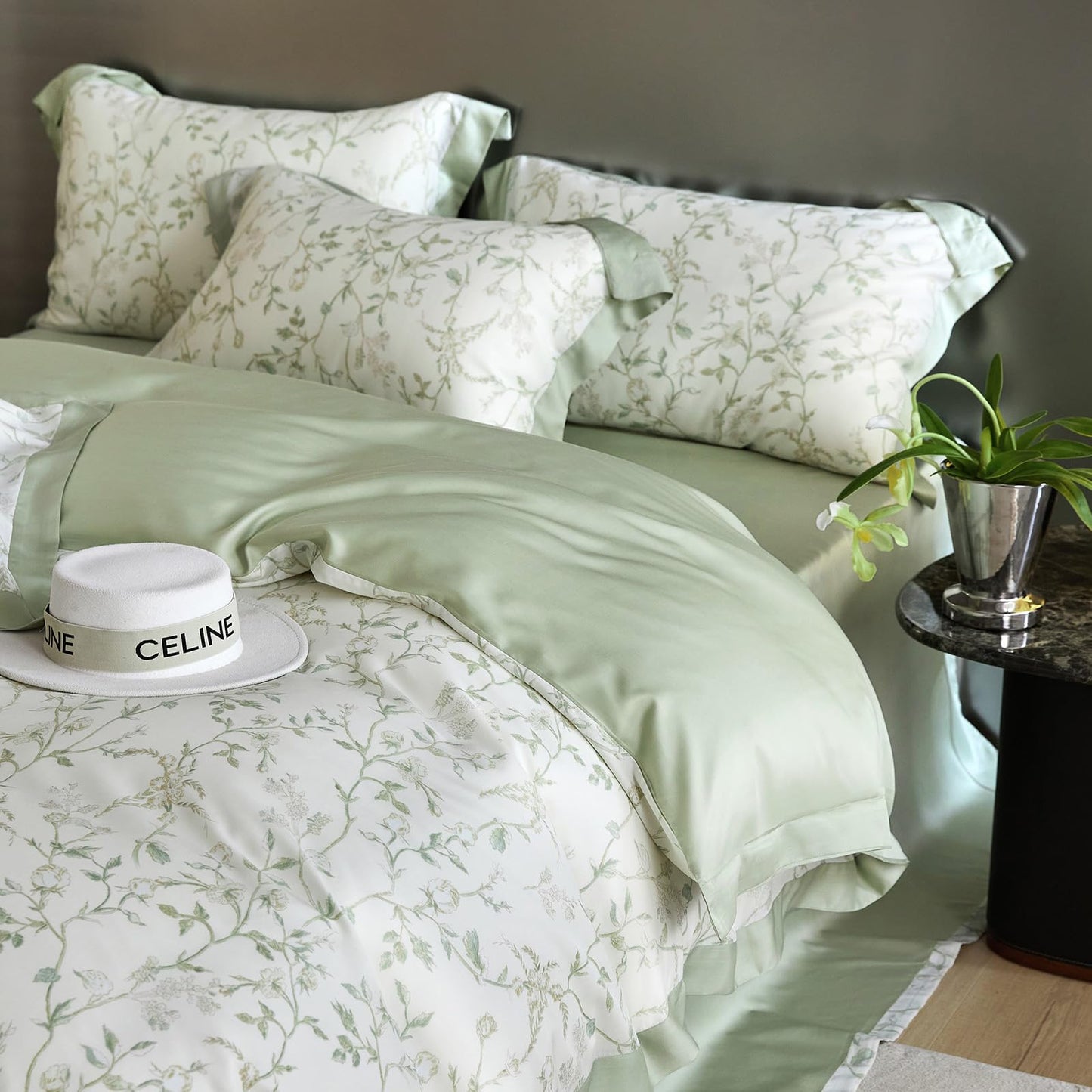 VM VOUGEMARKET Lyocell Duvet Cover Set Queen with Green Floral Pattern,Silk-Like Smooth & Cool Comforter Cover Set with Corner Ties-Queen,Mint Green