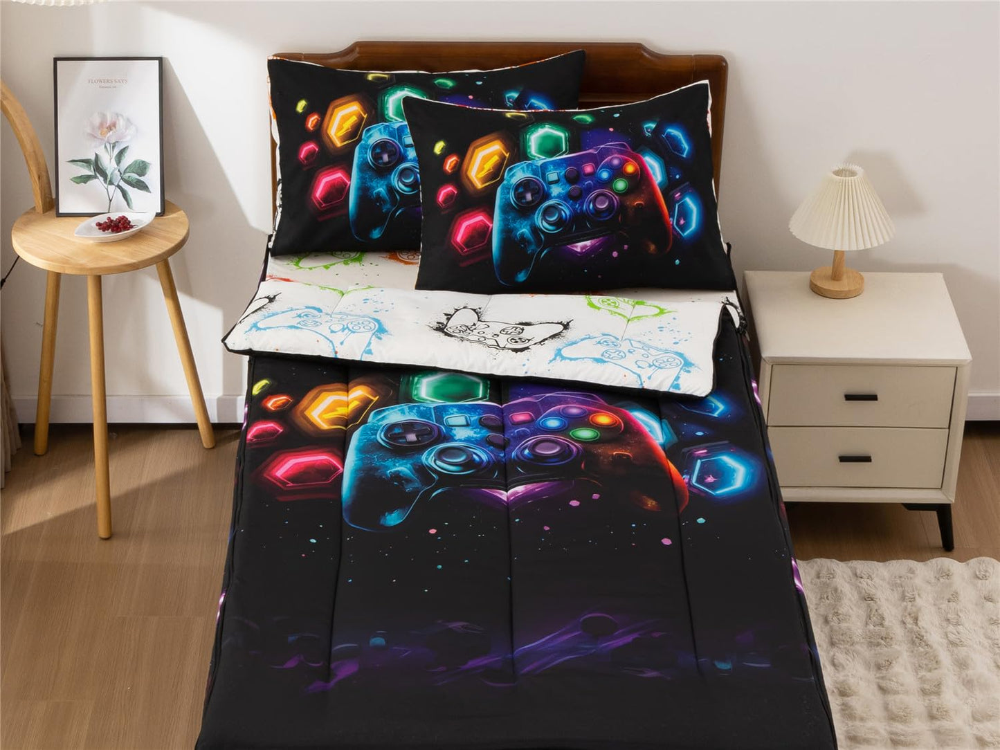 NTBED Gamer Printed Zipper Bedding Sets Twin for Kids Boys Lightweight Microfiber Space Comforter Set with Fitted Sheet Pillow Covers,Black
