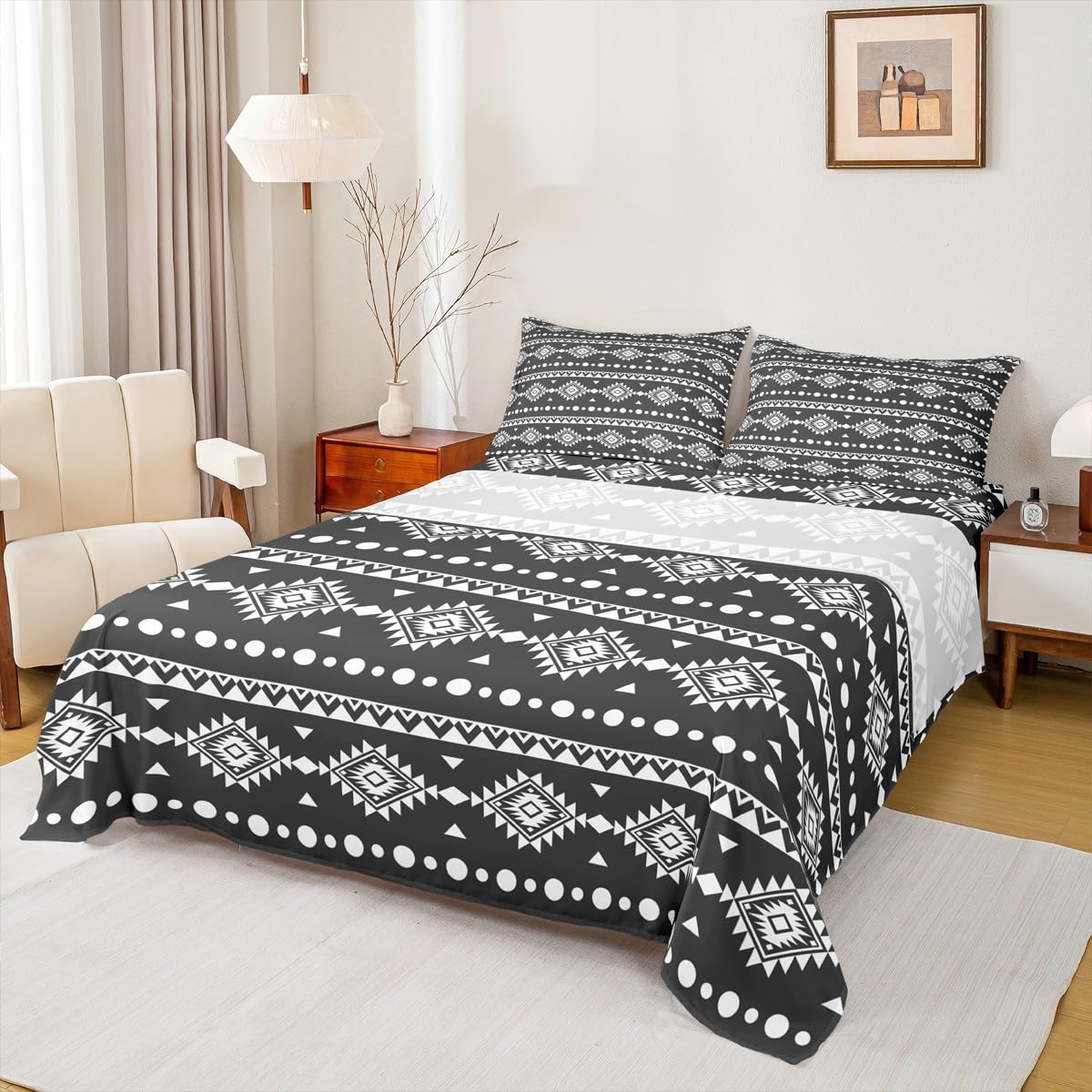 Erosebridal Full Size Bohemian Aztec Flat Fitted Sheet, Western Decor Bed Sheets Set for Girls Boys Women Men Bedroom, Southwestern Farmhouse Bedding Set, Geometric Exotic Tribal Bed Sets