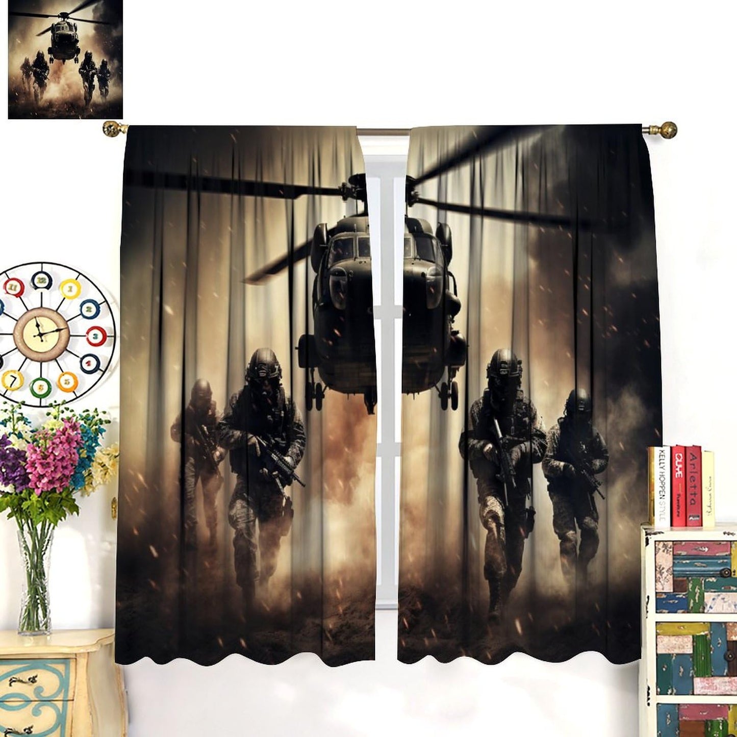 Combat Helicopters Blackout Curtains for Kids, Black Smoke Military Firearms Armed Special Forces Helicopters Window Drapes Print for Boys Adolescents Nursery Bedroom Living Room Bathroom 42x45in