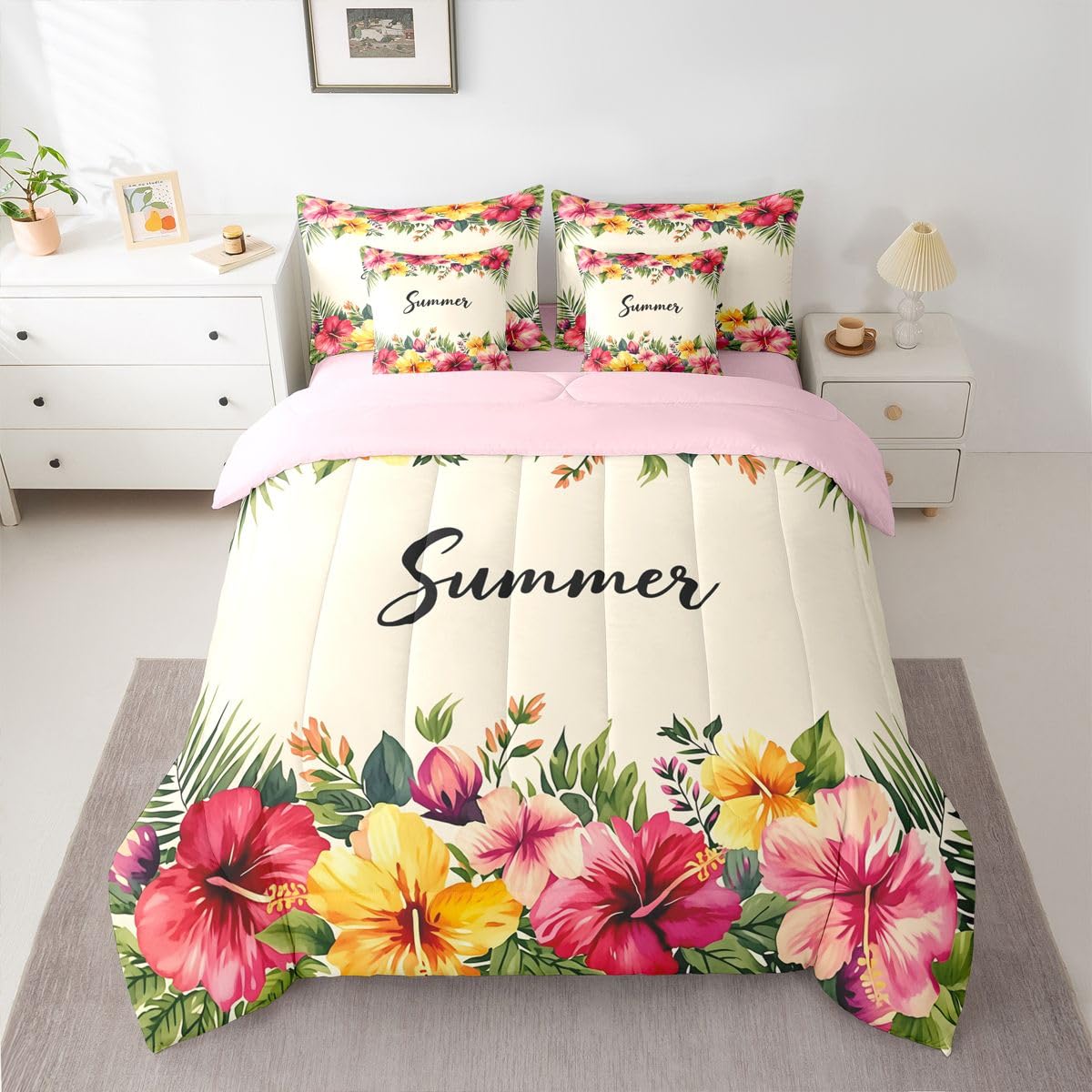 Erosebridal Tropical Hibiscus Queen Bedding Set Pink Yellow Watercolor Floral Comforter Set Girls Women Summer Hawaiian Flower 7-Piece Bed in a Bag Beach Vacation Art Quilt Sets