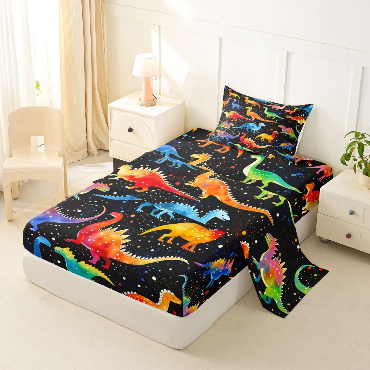 Feelyou Dinosaur Bed Sheets Set Twin Size 3D Digital Print Bed Set Jungle Dino Deep Pocket Fitted Sheet Wild Animal Breathable Soft Lightweight Microfiber Orange Blue Red