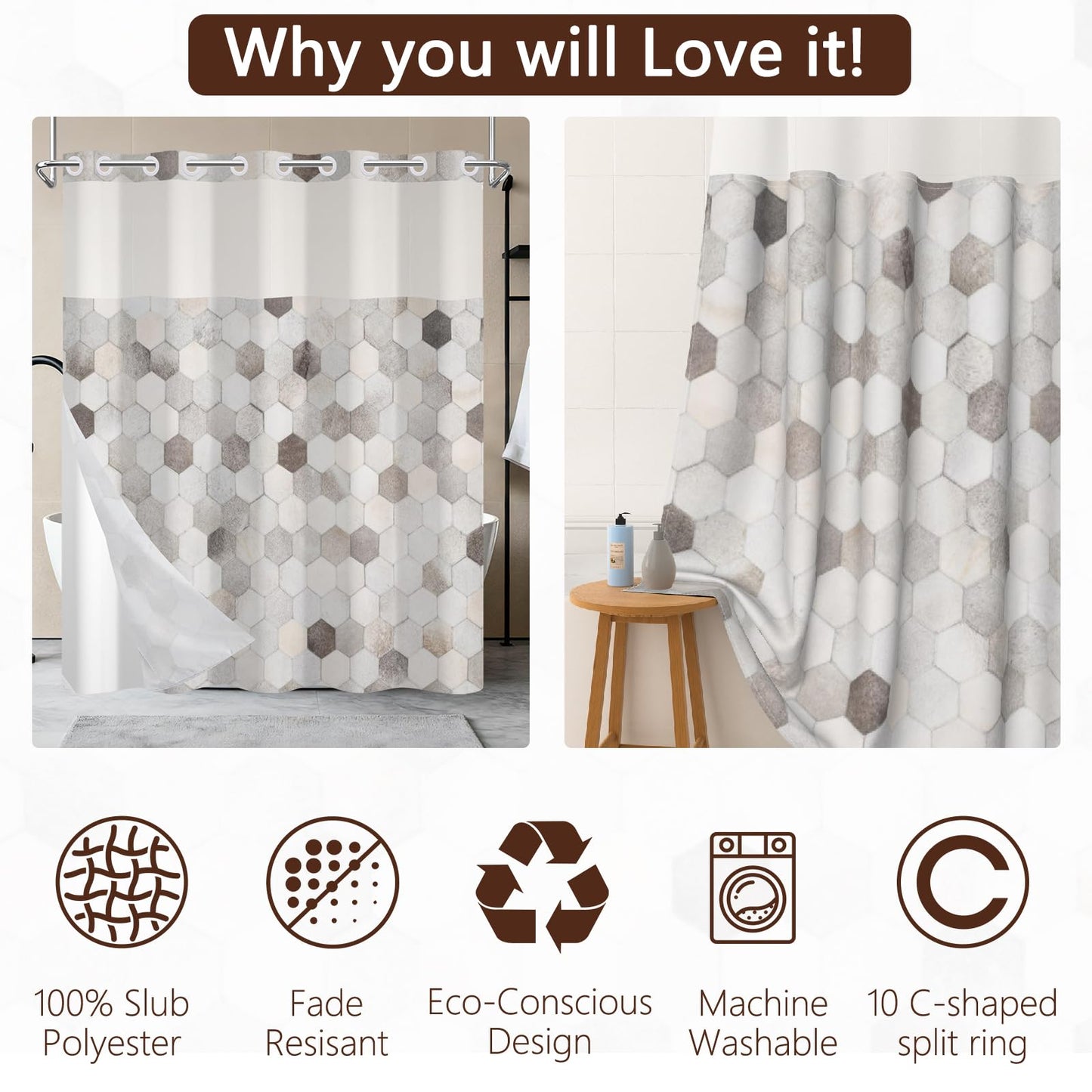 NAEMBCU No Hook Geometric Shower Curtain with Snap in Liner 71x74 Inch