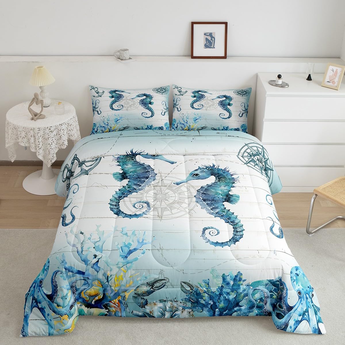 Manfei Hippocampus Comforter Set Twin Size, Sea Turtle Seahorse Octopus Quilt Set with 1 Pillowcase, Nautical Anchor Compass Bedding Set 2pcs for Kids Boy Girls Marine Life Duvet Insert