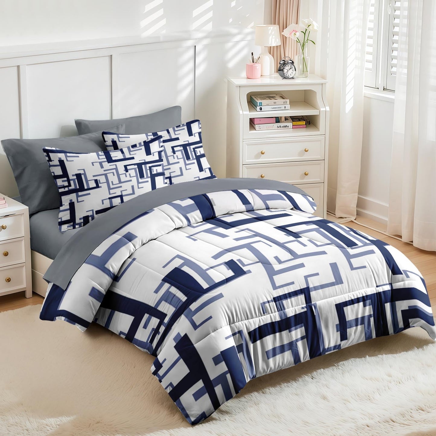 Nesker Comforter Set King Size, Navy Blue Maze 7 Pcs Bedding for Kids and Adults, Lines Geometric Bed Sheet Sets with Fitted Sheet 2 Pillowcases & 2 Shams