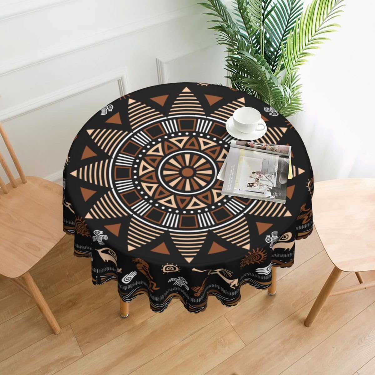 African Tribal Tablecloth, Traditional Ethnic Totems Rustic Abstract Geometric Pattern Print Water Resisitant Table Cover for Dining Kitchen Living Room Home Party Holiday Decor 36 inch Round