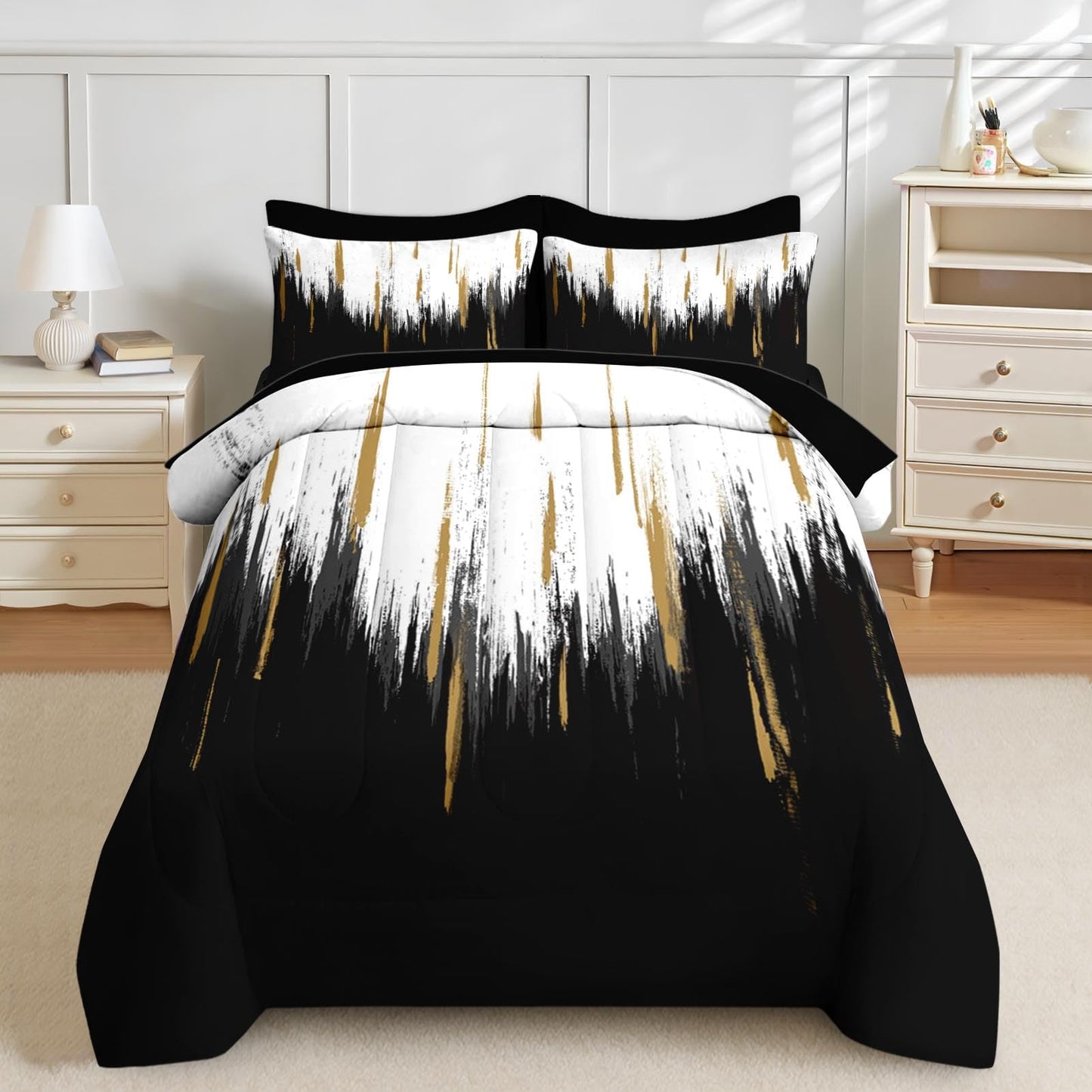 Nesker Comforter Set King Size, Black Gold White 7 Pcs Bedding for Kids and Adults, Abstract Oil Painting Bed Sheet Sets with Fitted Sheet 2 Pillowcases & 2 Shams