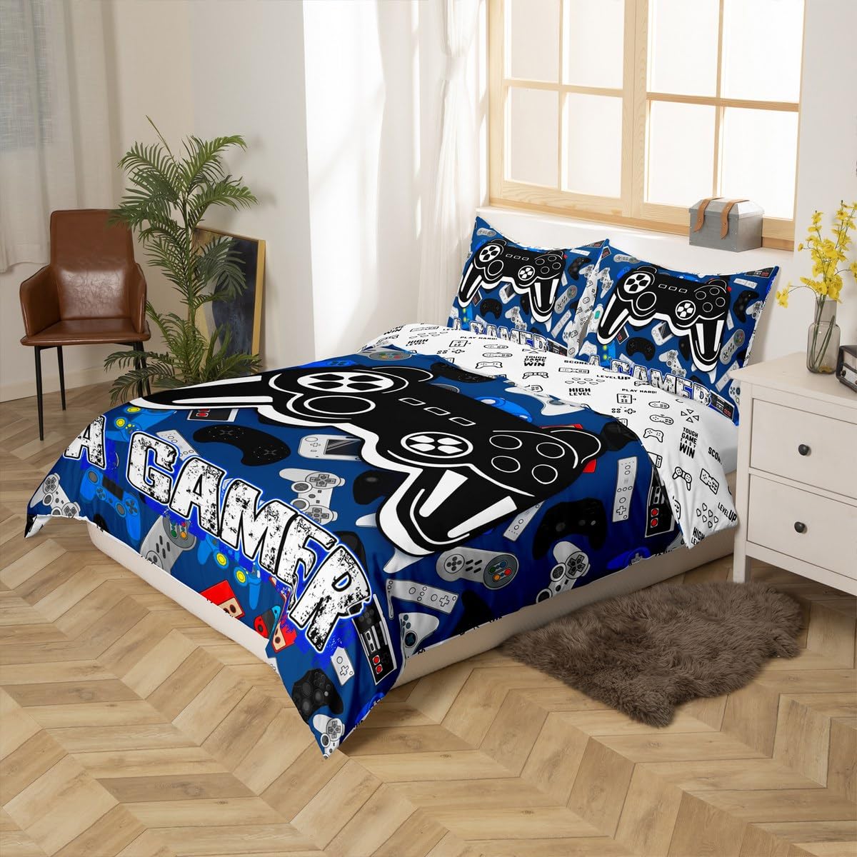 Homewish Cartoon Gamepad Bedding Set King Size,Video Games Duvet Cover Set 3Pcs for Kids Teens Boys Girls Room Decor,Navy Blue Gaming Board Comforter Cover Modern Fashion Quilt Cover,2 Pillowcases