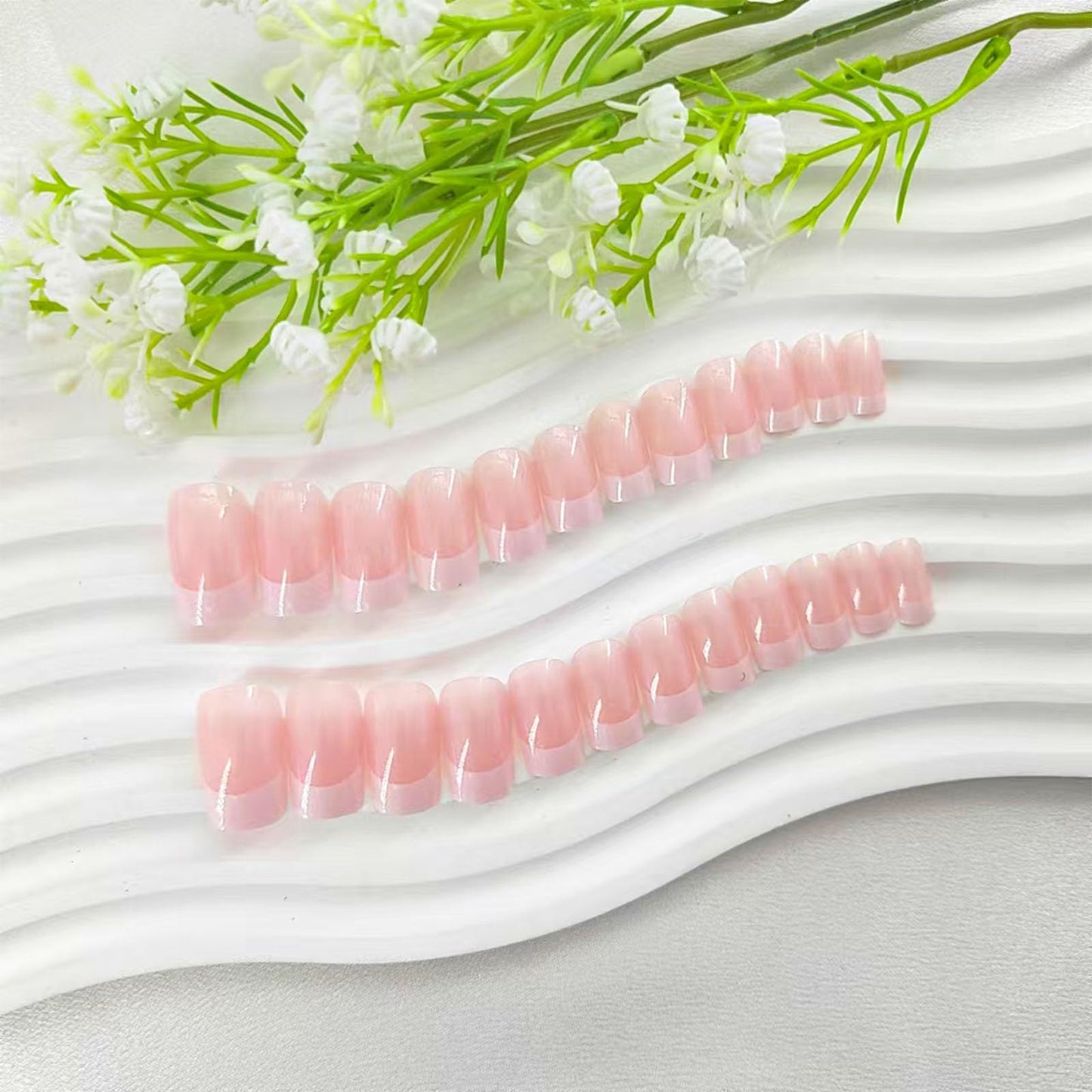 Medium Press on Nails Square White French Tip False Nails with Glitter Design Cute Fake Nails Light Pink Full Cover Nails Press ons Glossy Glue on Nails for Girls and Women 24Pcs