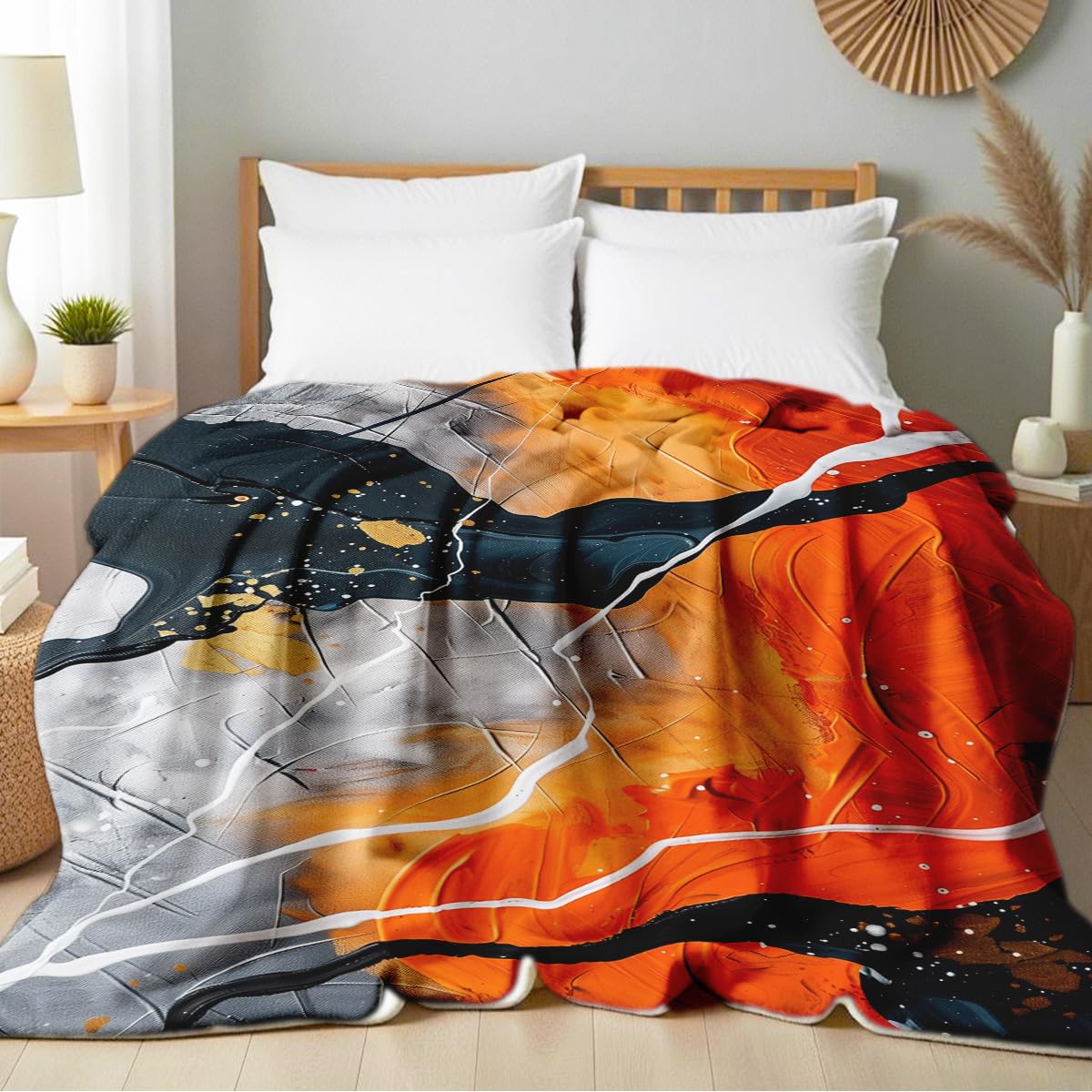 HUNXIAOJ Orange Blanket Throw for Couch Bed Abstract Print Blanket Soft Flannel Bedding Modern Bedroom Home Decor (49"x59")