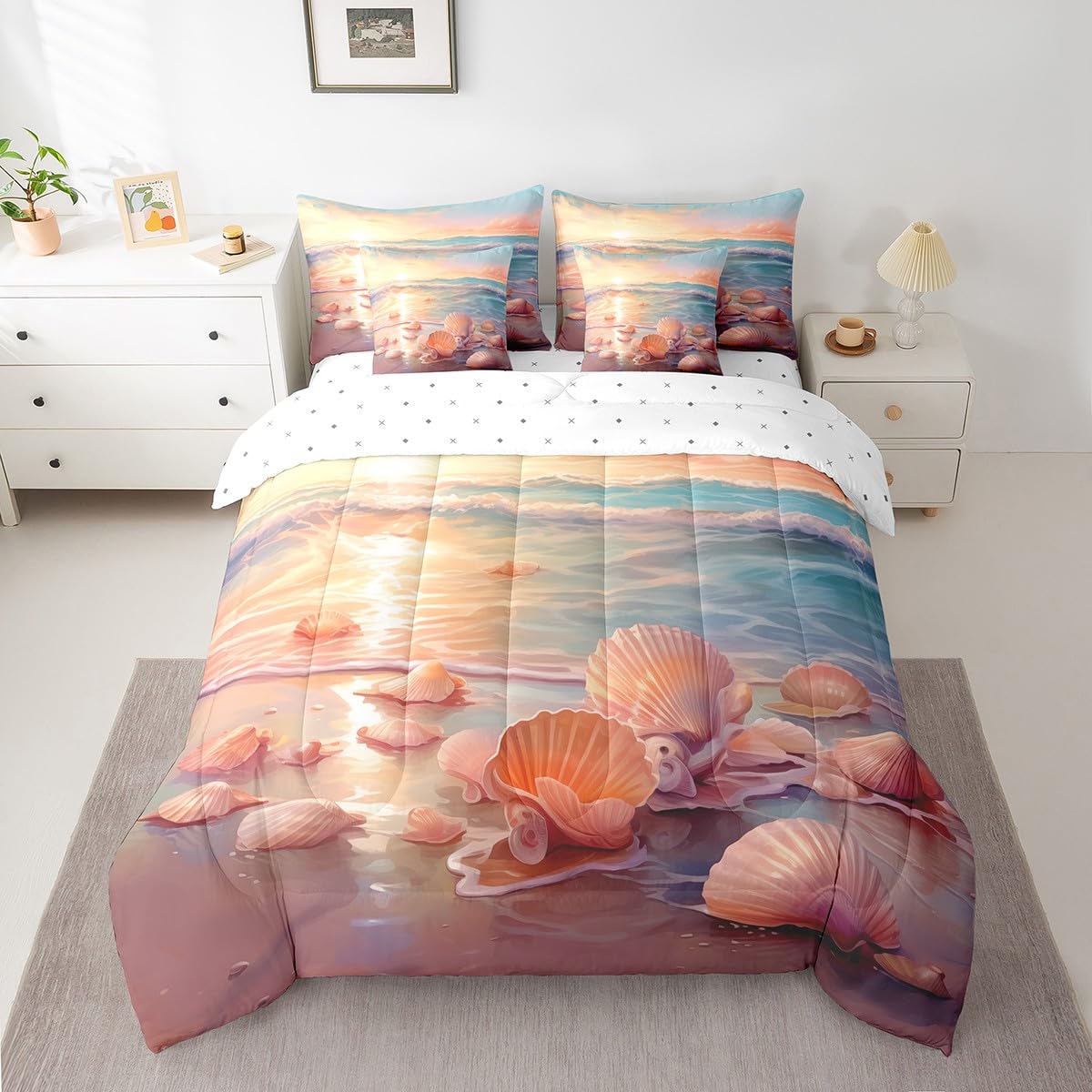 Erosebridal Ocean Full Bedding Sets 7-Piece Tropical Hawaii Comforter Set Hawaii Beach Comforter Set with Sheets Seashell Conch Bed in A Bag Oil Painting Bed Sheets Set Coastal Sealife Bedroom Decor