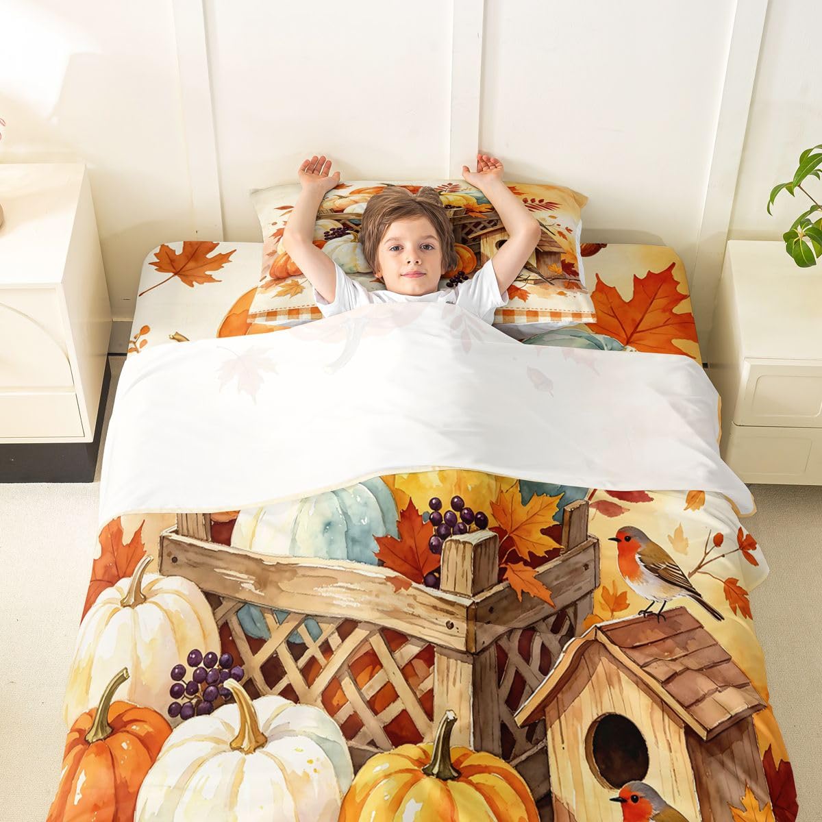 Erosebridal Harvest Pumpkin Bed Sheets Twin Size Orange Gingham Geometric Checkered Sheet Set Teens Adults Autumn Maple Leaf Bedding Set Happy Fall Thanksgiving Sheets