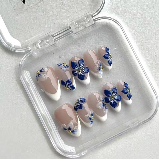 24Pcs Blue Flower Press on Nails Medium Almond Fake Nails with 3D Gold Rhinestones Designs White French Tip Stick on Nails Spring False Nails Glossy Glue on Nails for Women Acrylic Artificial Manicure