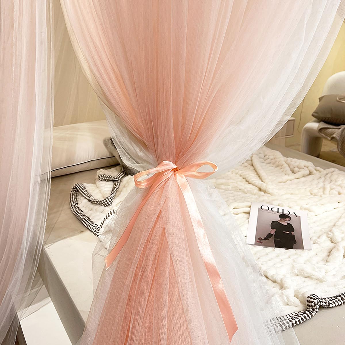 Kertnic Dreamy Bed Canopy for Girls, Princess Canopy Curtains Double Layer Sheer Mesh, Adults Canopies Netting Room Decor Tent Mosquito Net for Queen King Bed (Double Layer-Beige Pink)