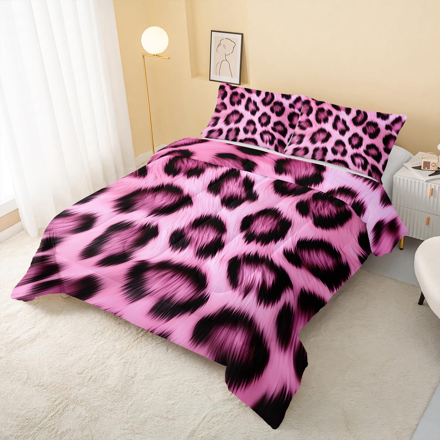 QOOMO 3Pcs Pink Leopard Print Comforter Set Twin,Cheetah Bedding Set for Teens Boys Girls,Wild Animal Printed Comforter with 2 Pillowcases,Down Alternative,Soft and Lightweight