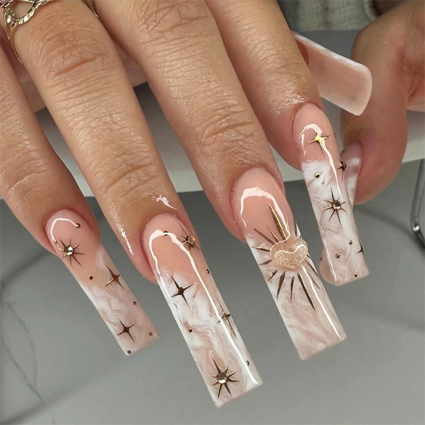 MERVF Long Press on Nails Square Fake Nails White Marble French Tip Glue ons Gold Star Design Acrylic Nail Heart Charms Squoval Manicure Supplies Art DIY Glossy 24pcs