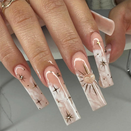 MERVF Long Press on Nails Square Fake Nails White Marble French Tip Glue ons Gold Star Design Acrylic Nail Heart Charms Squoval Manicure Supplies Art DIY Glossy 24pcs