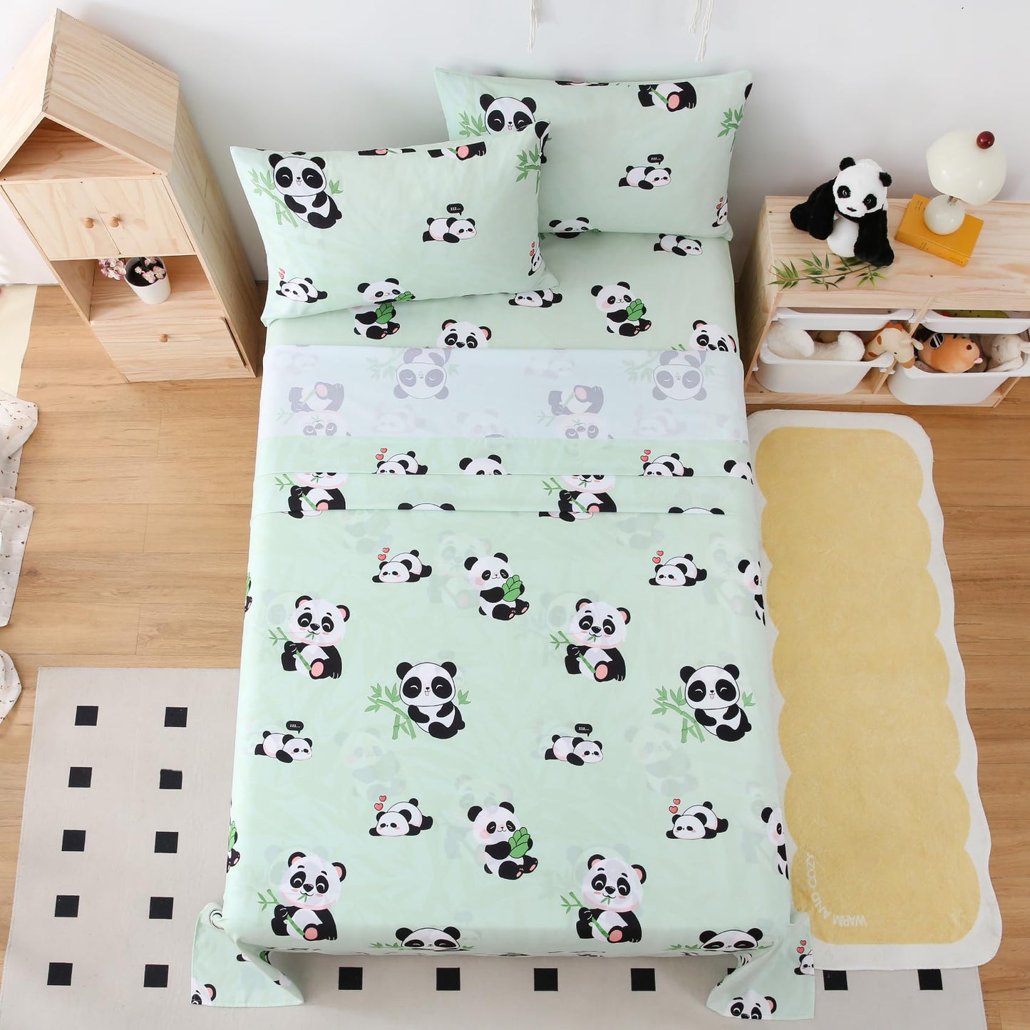 Yibeizi Twin Sheets Set Kids, Sage Green Panda Pattern Microfiber Single Bed Sheets, Cute Soft Oeko-Tex Extra Deep Pocket Sheets & Pillowcases Cooling Hypoallergenic Wrinkle Free Bedsheets