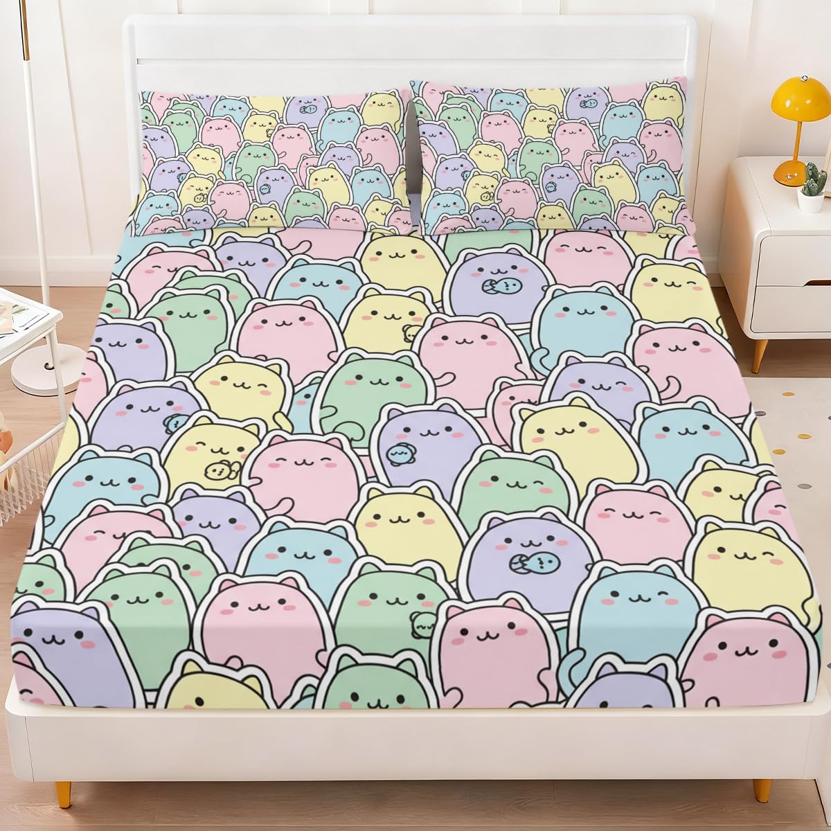 ARIGHTEX Cute Cat Fitted Sheet Set Twin Size, 3 Pieces Soft Kawaii Companion Bedding for Relaxing Sleep, Pastel Cartoon Kitty Microfiber Deep Pocket Bed Sheets with 2 Pillowcases (No Flat Sheet)