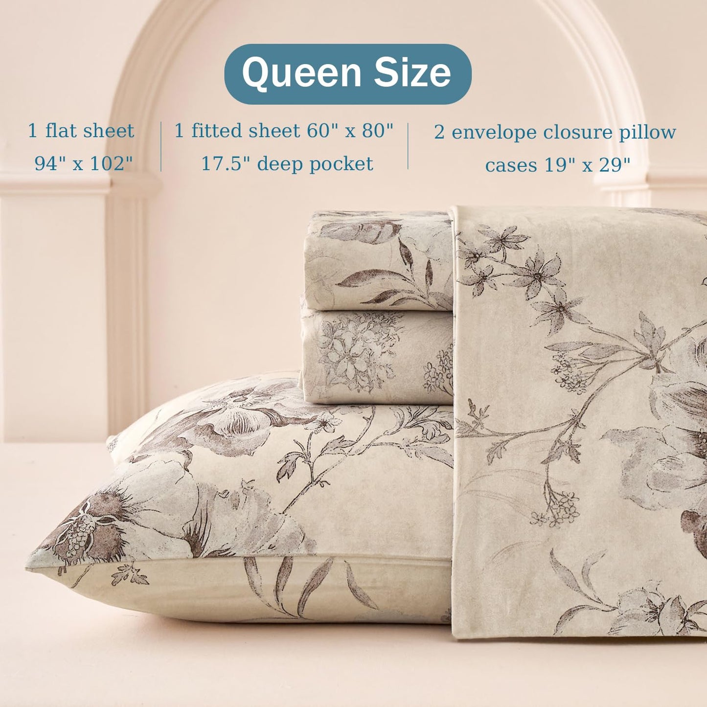 Huborise Beige Queen Sheet Set 100% Cotton Flannel-Like Warm Luxury Peony Toile Floral Bed Sheets 4Pc Deep Pocket 17.5", Double Brushed Extra Soft Breathable, Fall/Winter French Country Bedding